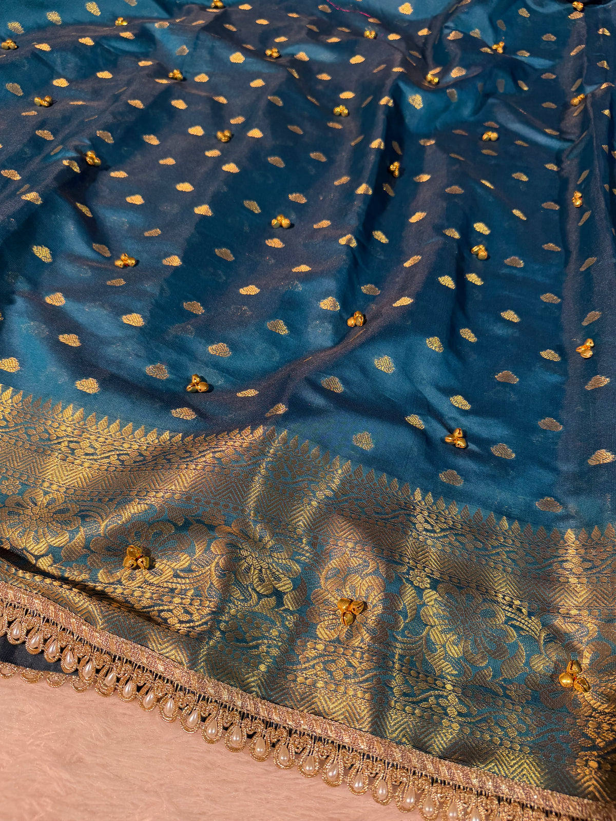 Viral Ghungroo Handwork Firozi Premium Katan Silk Banarasi Saree