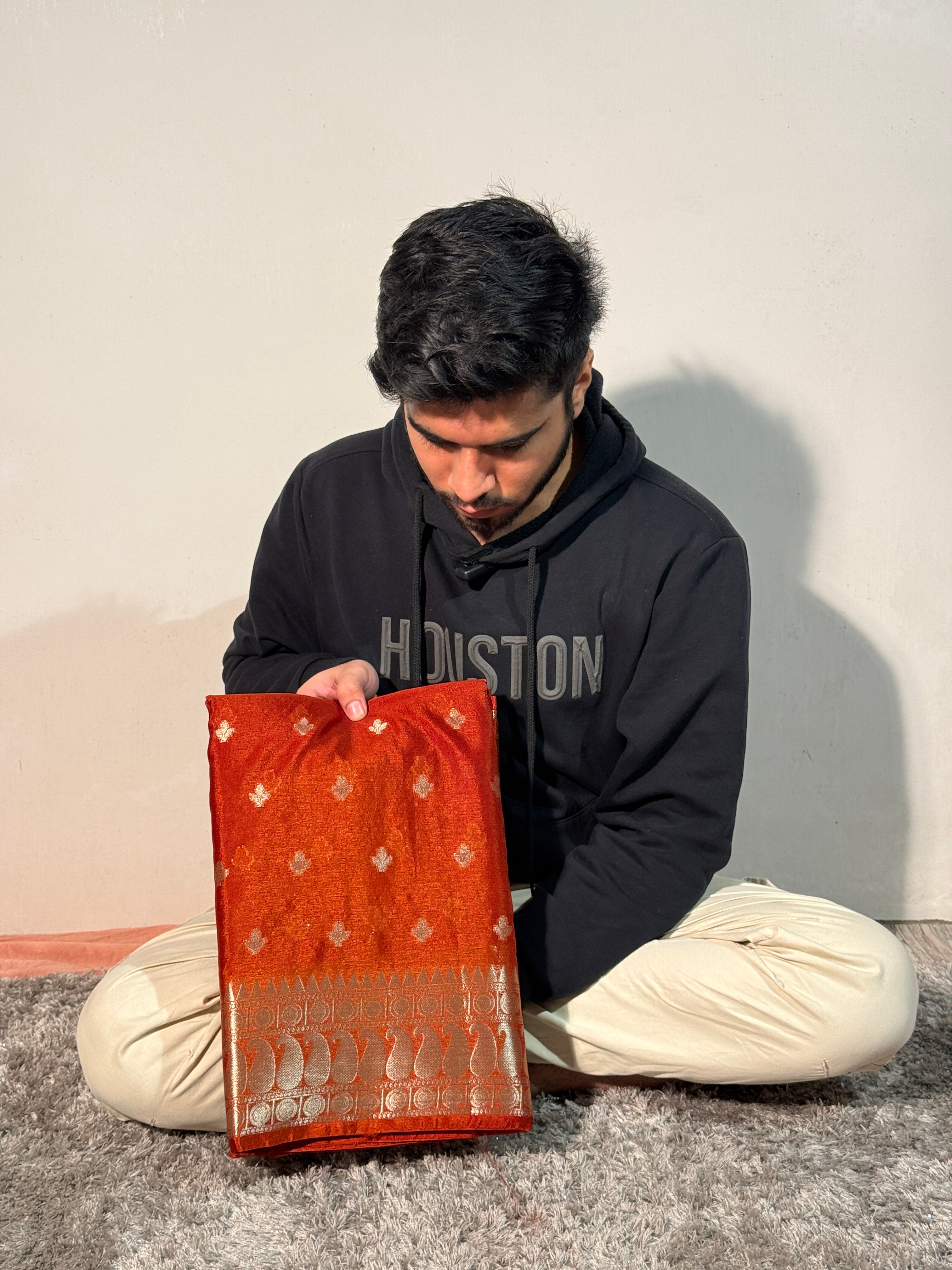 Rust Orange Premium Chiniya Silk Zari Buti Weave Banarasi Saree