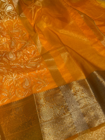 Yellow Chikankari Organza Silk Banarasi Saree