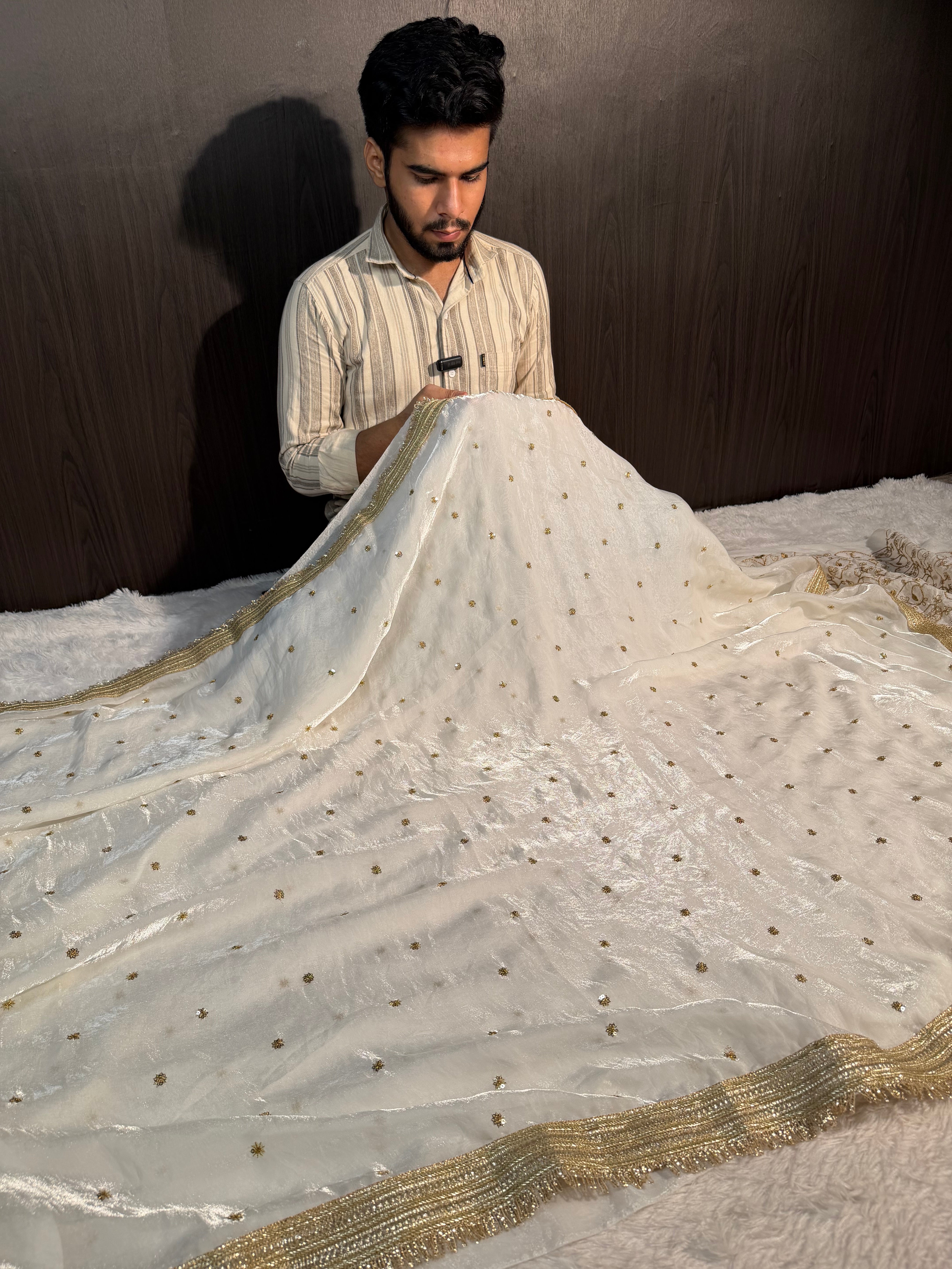 Ivory Premium Shimmery Tissue Silk Designer Saree