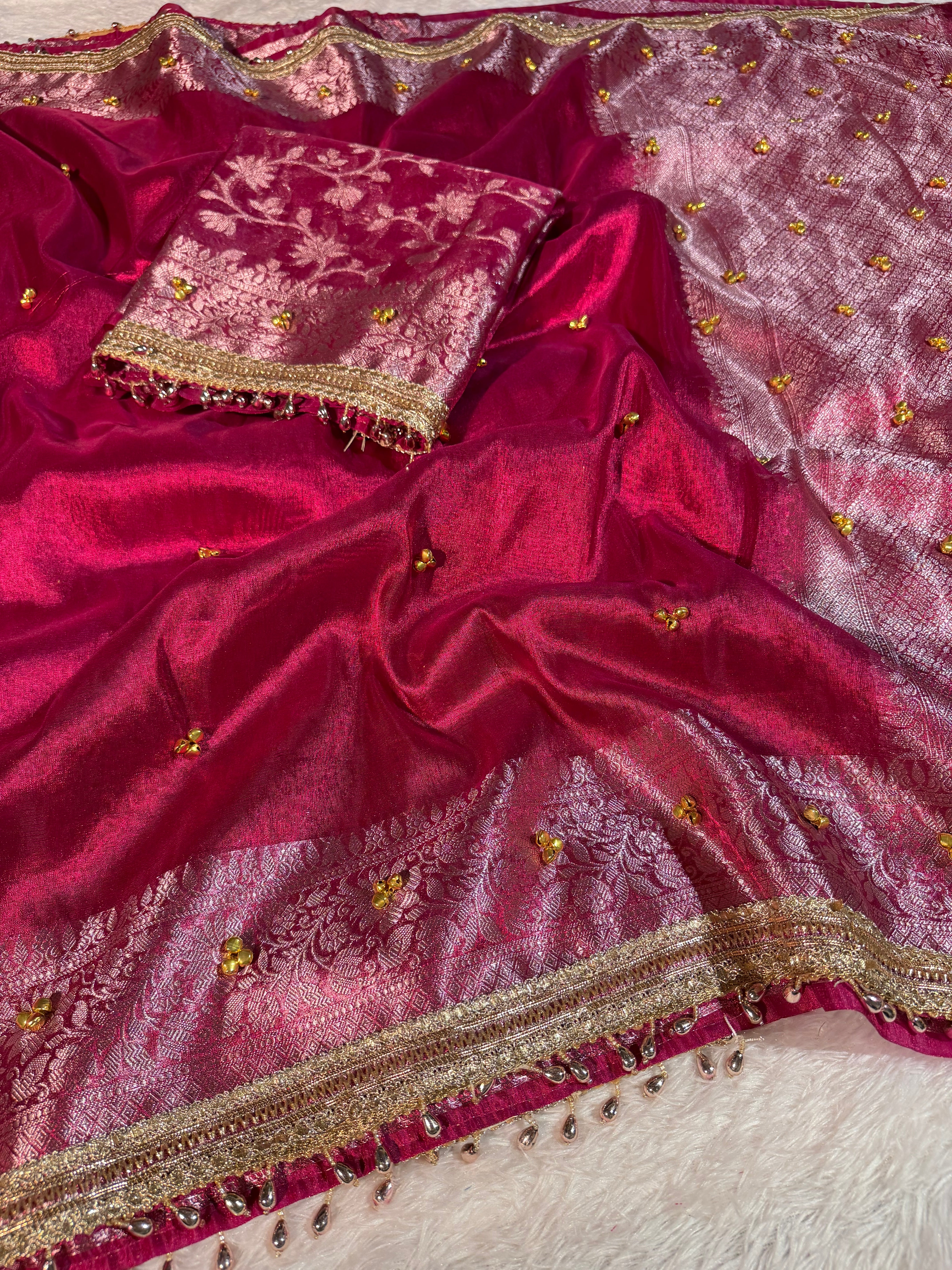 Ghungroo Handwork Bridal Rani Pink Premium Tissue Silk Banarasi Saree