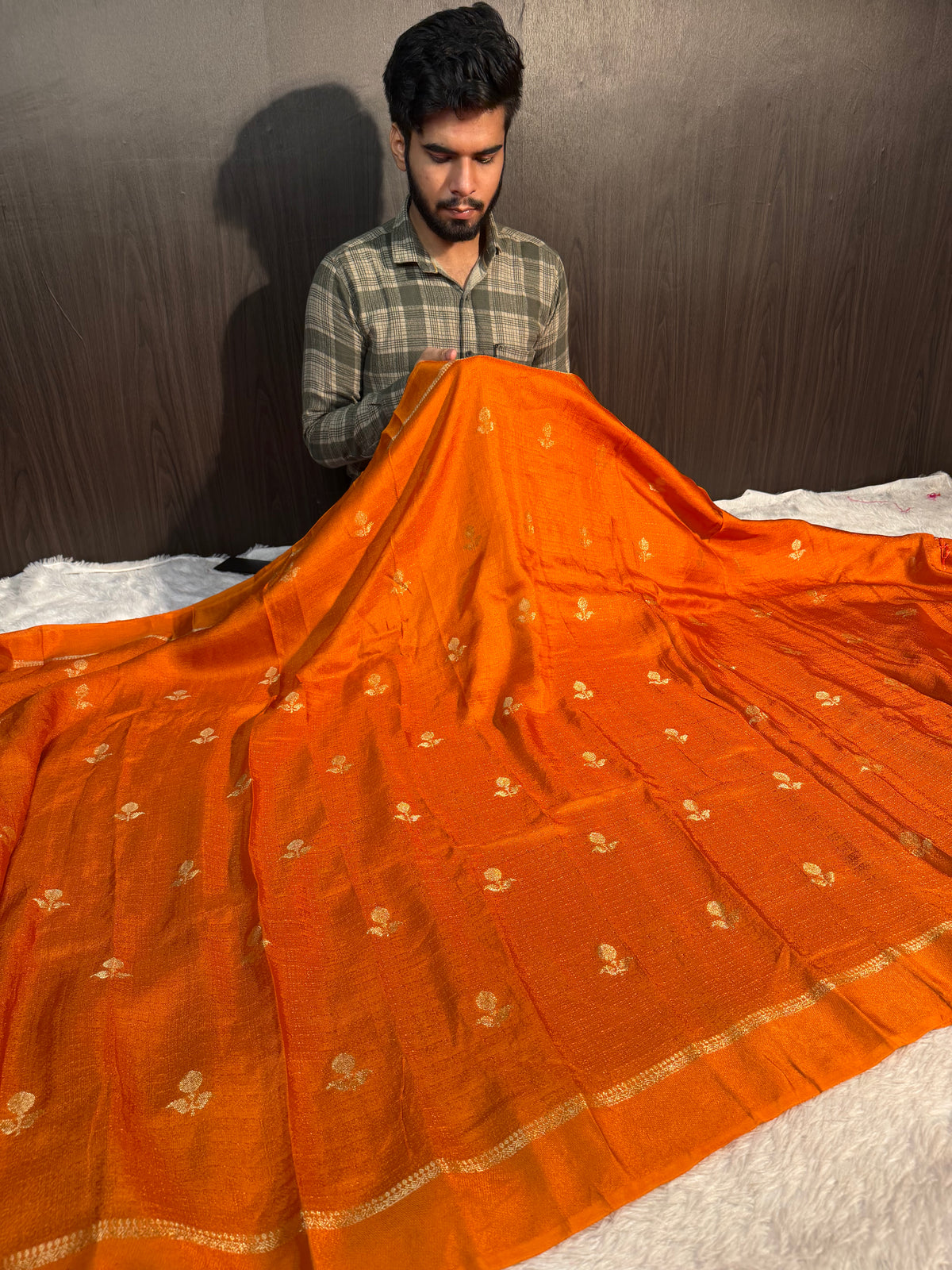Rust Orange Premium Viscose Georgette Silk Banarasi Saree with Tassles