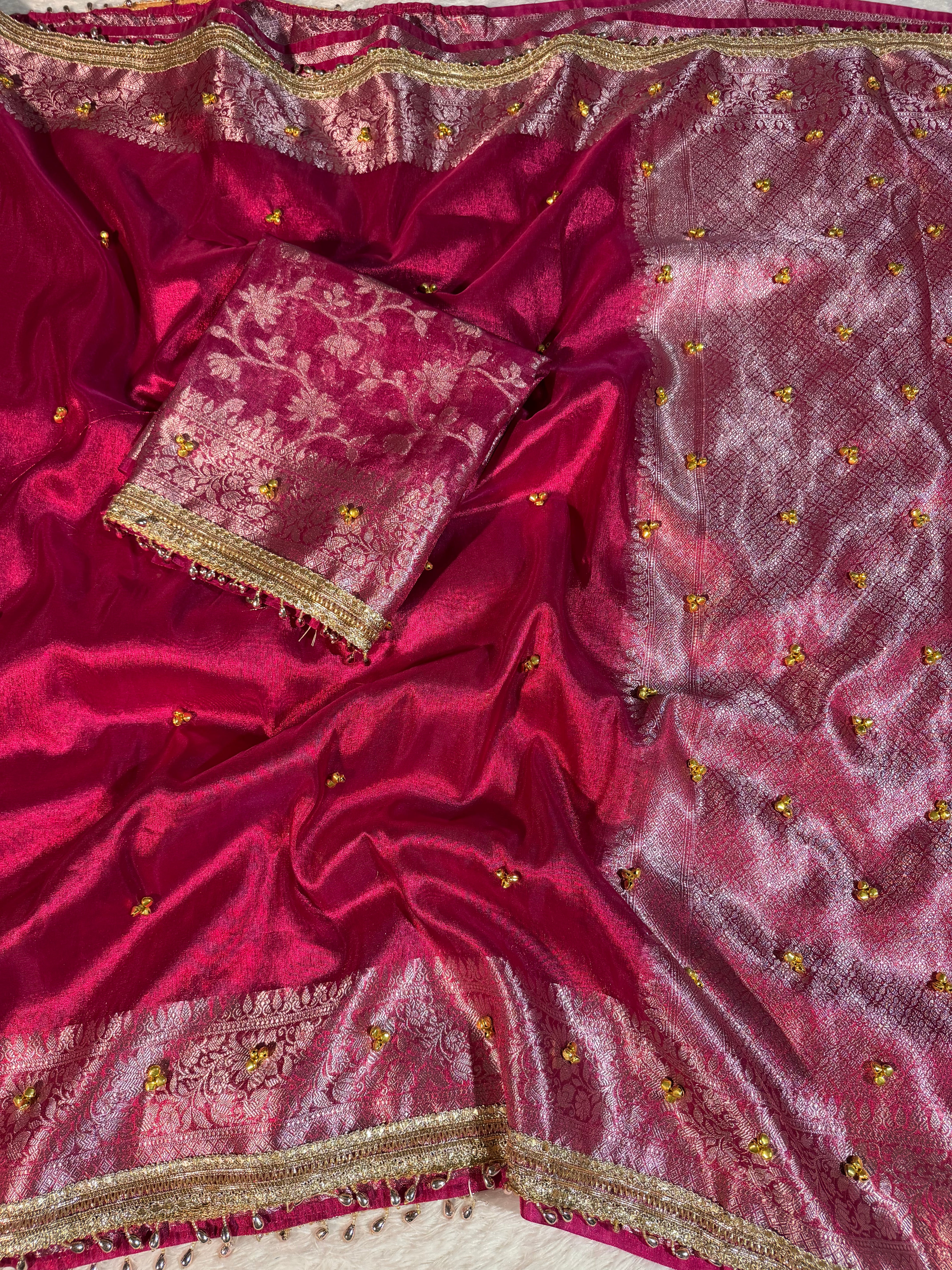 Ghungroo Handwork Bridal Rani Pink Premium Tissue Silk Banarasi Saree