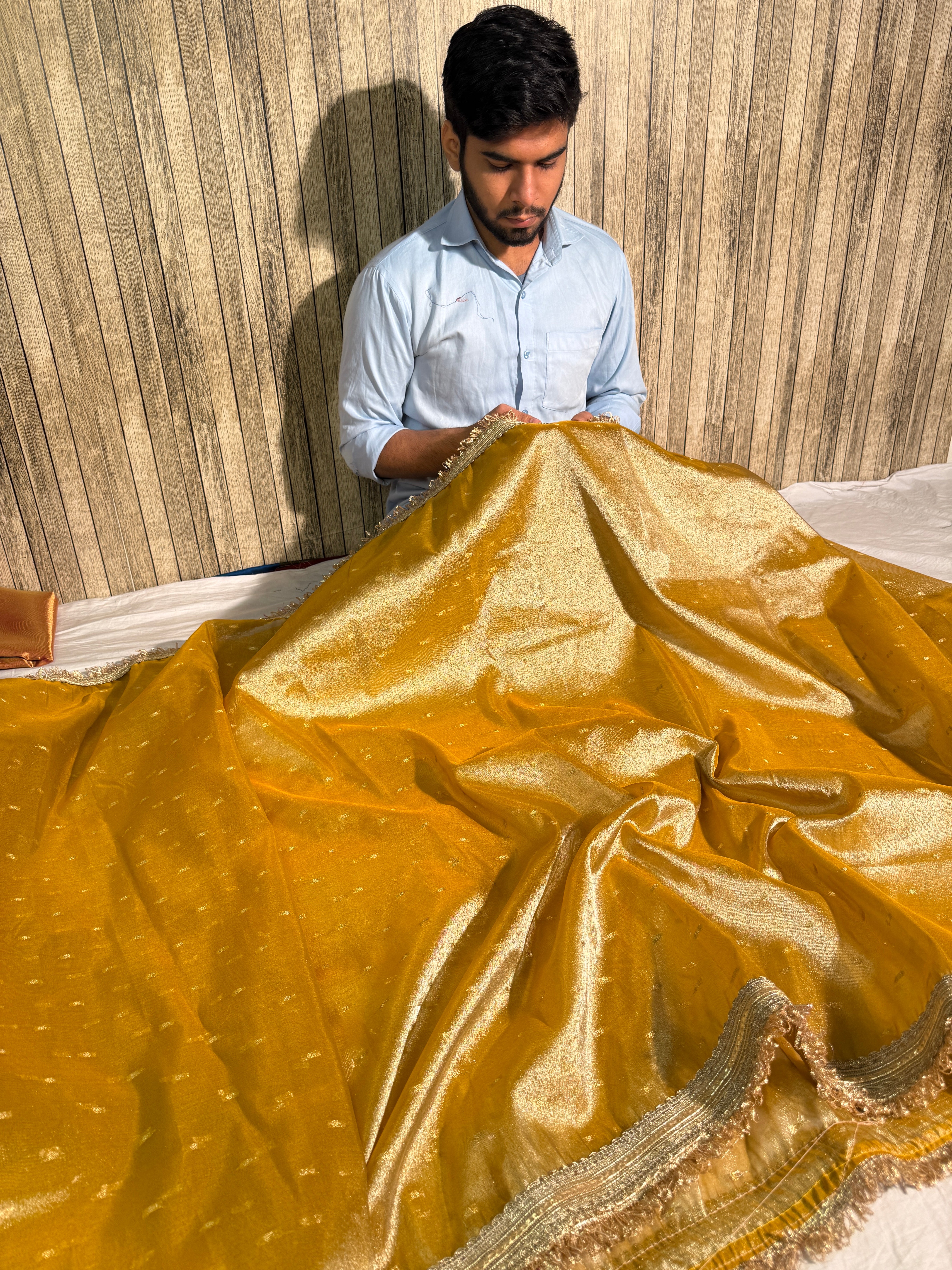 Metallic Yellow Premium Tissue Silk Lace Attached Banarasi Saree