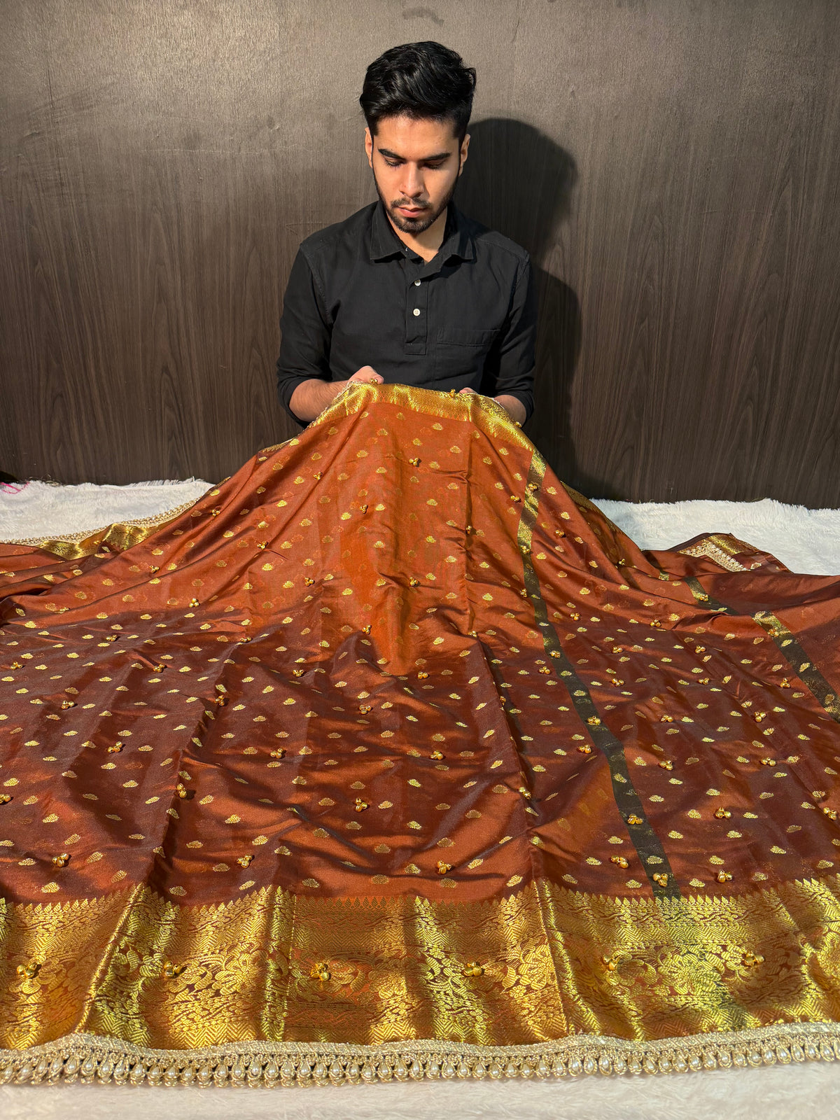 Viral Ghungroo Handwork Rustic Brown Shade Premium Katan Silk Banarasi Saree