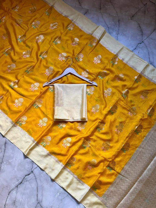 Yellow with Cream Bridal Warm Silk Banarasi Saree