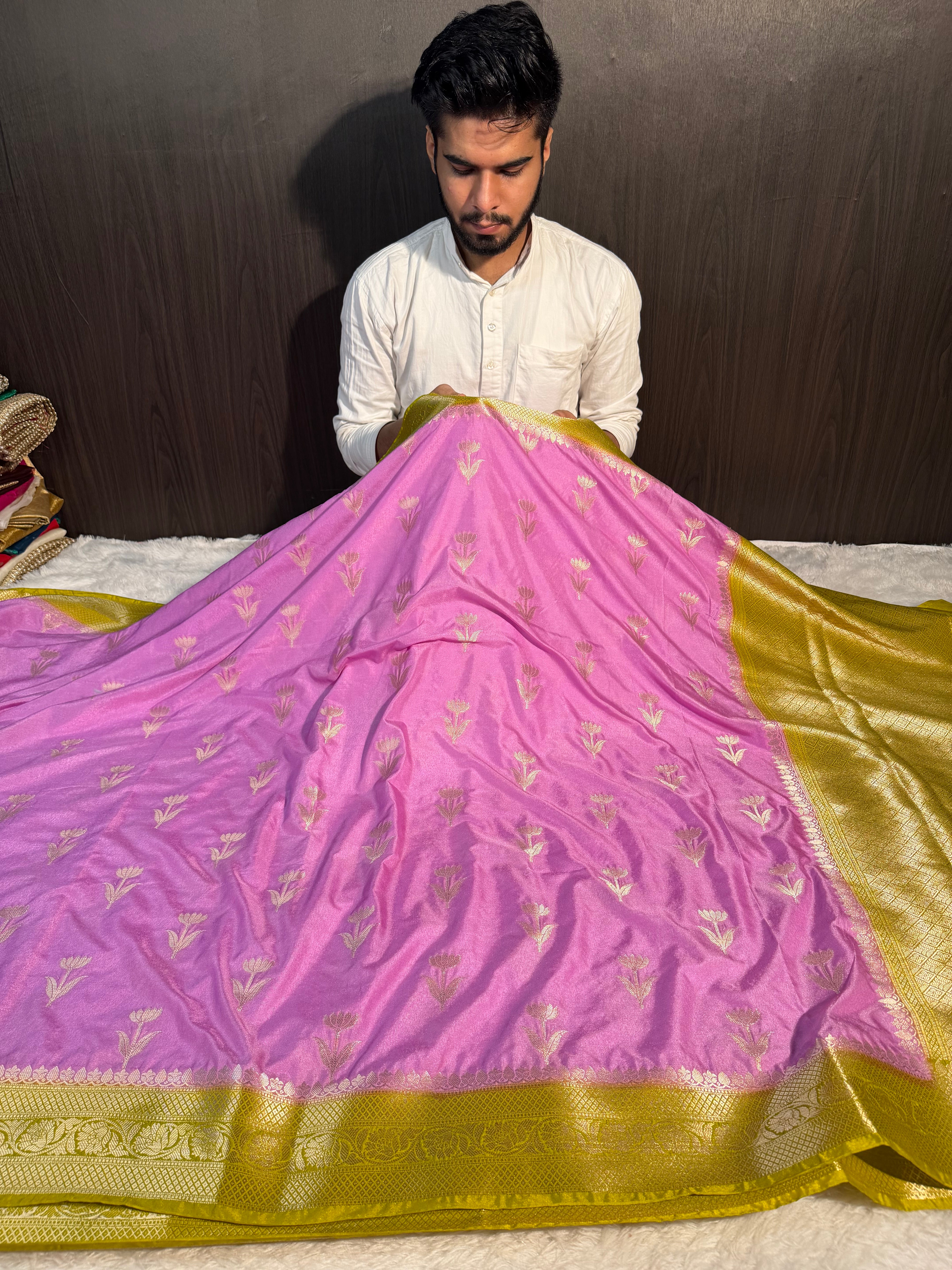 Lavendar Mustard Premium Chiniya Silk Banarasi Saree