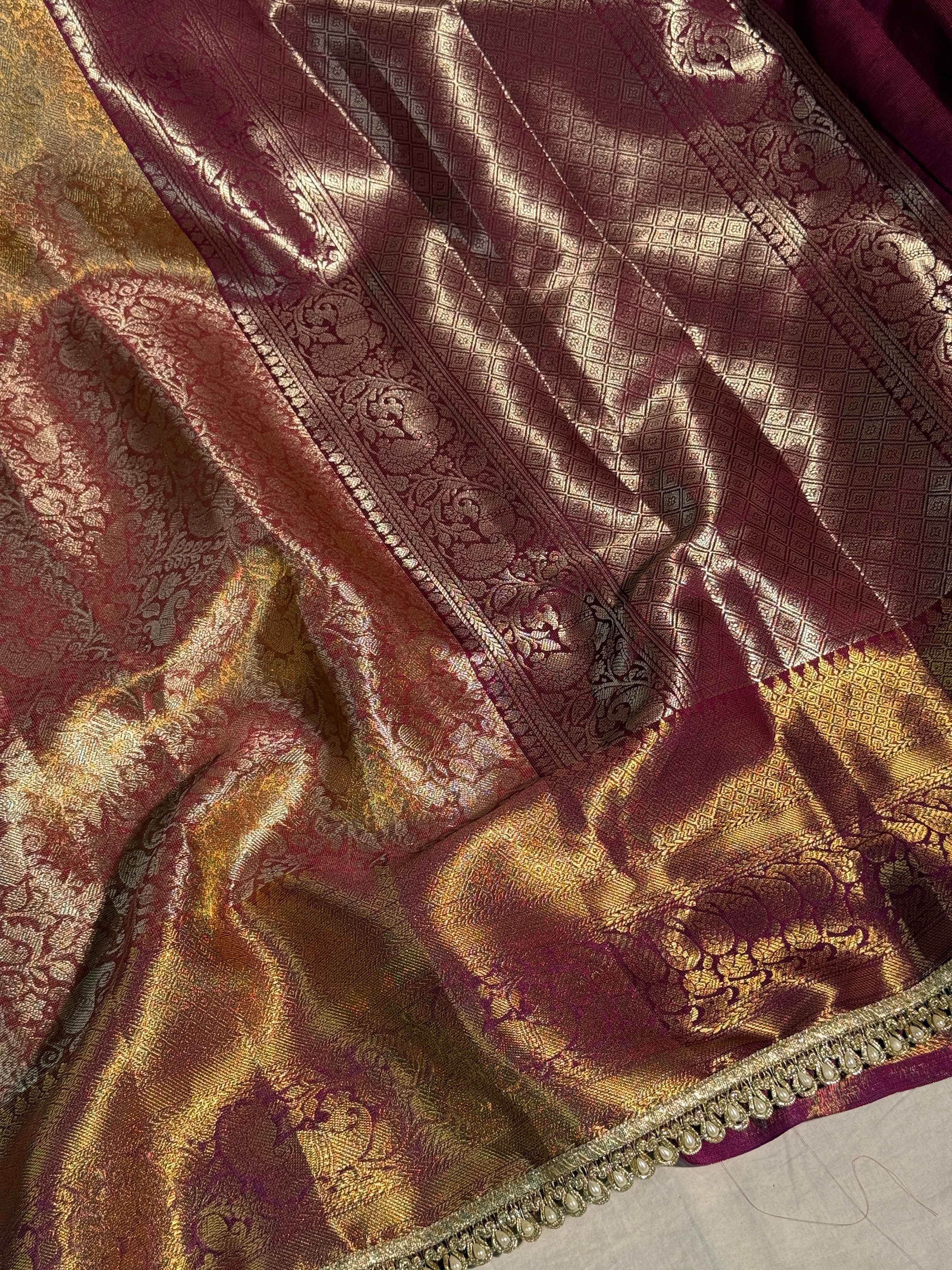 Dual Shaded Premium Kanjeevaram Tissue Silk Banarasi Saree with Moti Lace