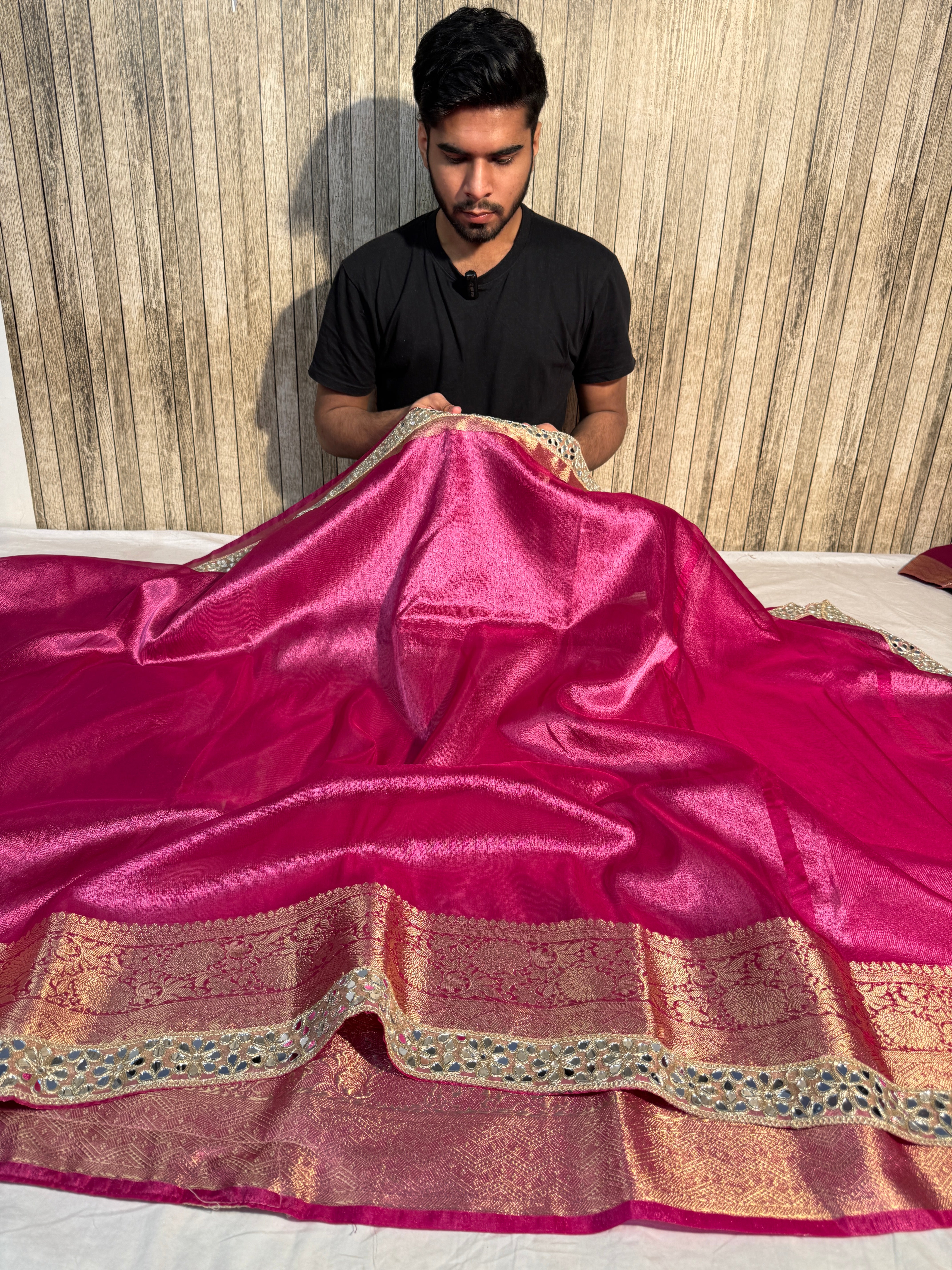 Metallic Rani Pink Premium Tissue Silk Mirror Lace Work Banarasi Saree