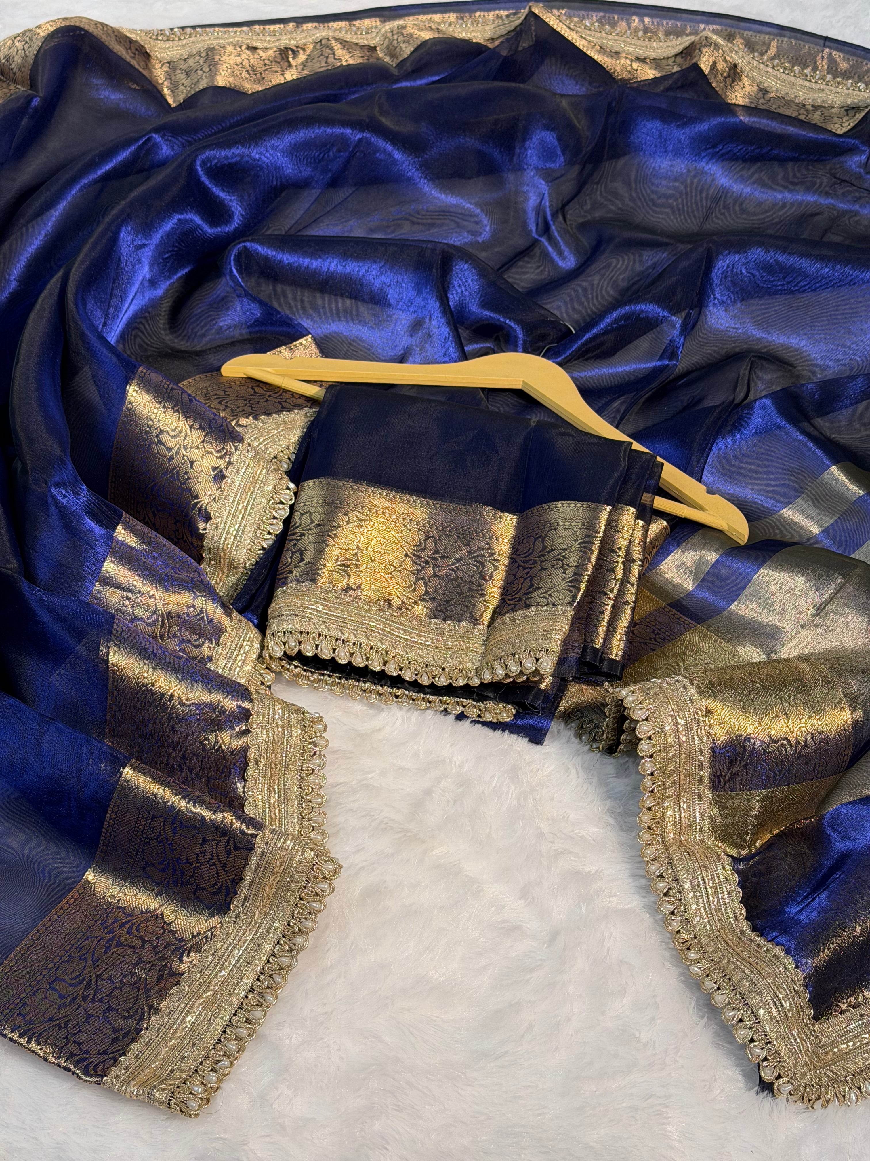 Metallic Blue Premium Tissue Silk Moti Lace Attached Banarasi Saree
