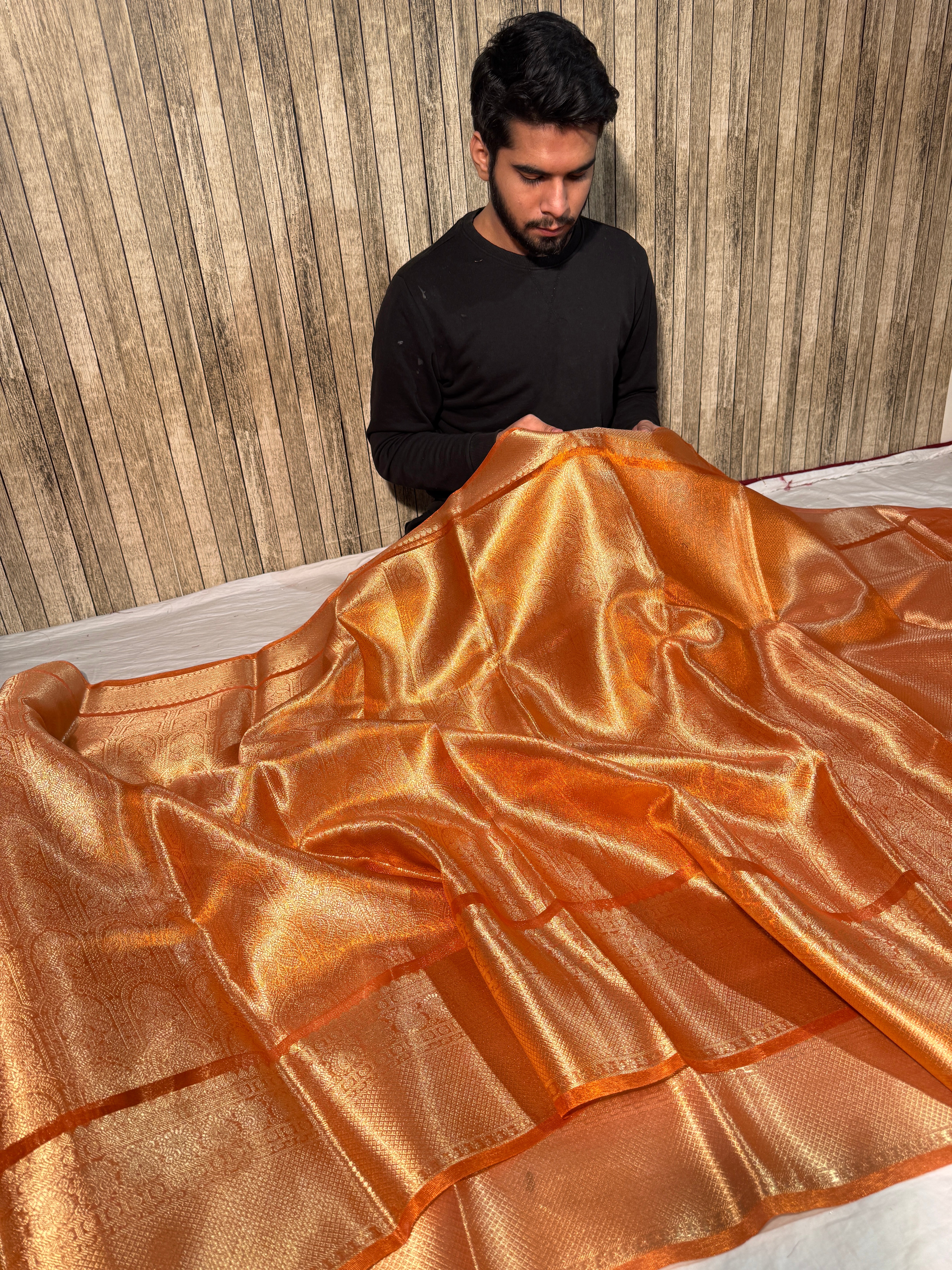 Metallic Orange Premium Kanjivaram Brocade Tissue Silk Banarasi Saree