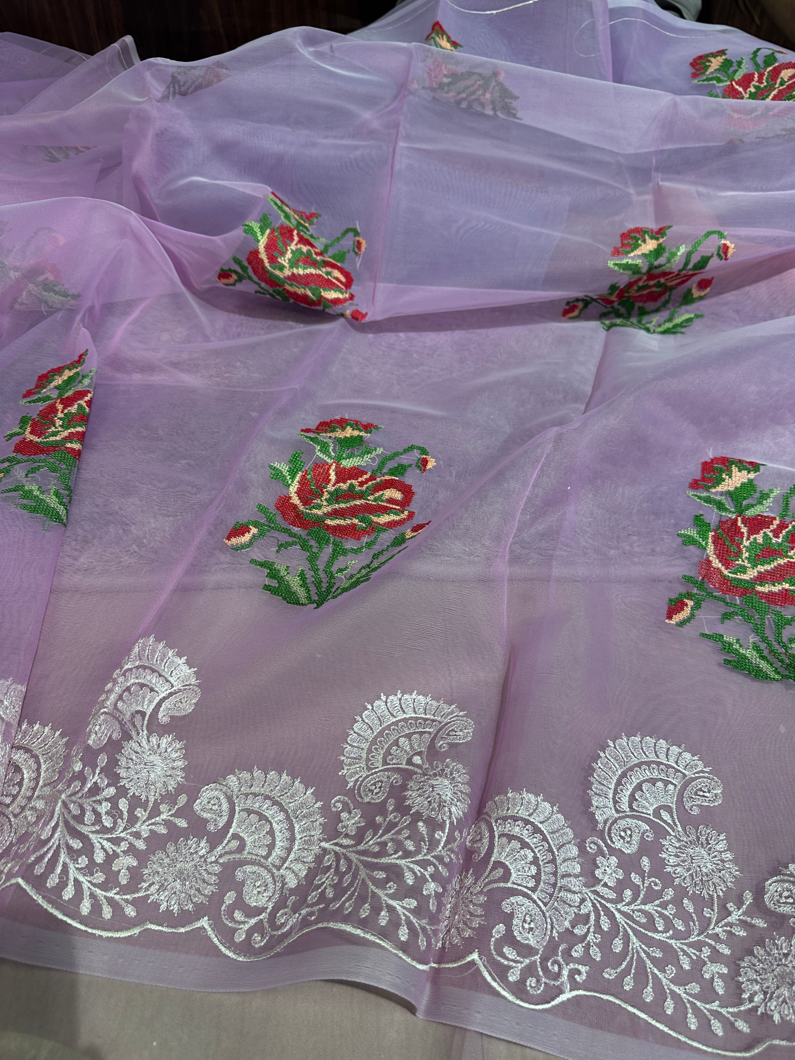 Pastel Lavendar Multi Floral Chikankari Banarasi Organza Silk Saree