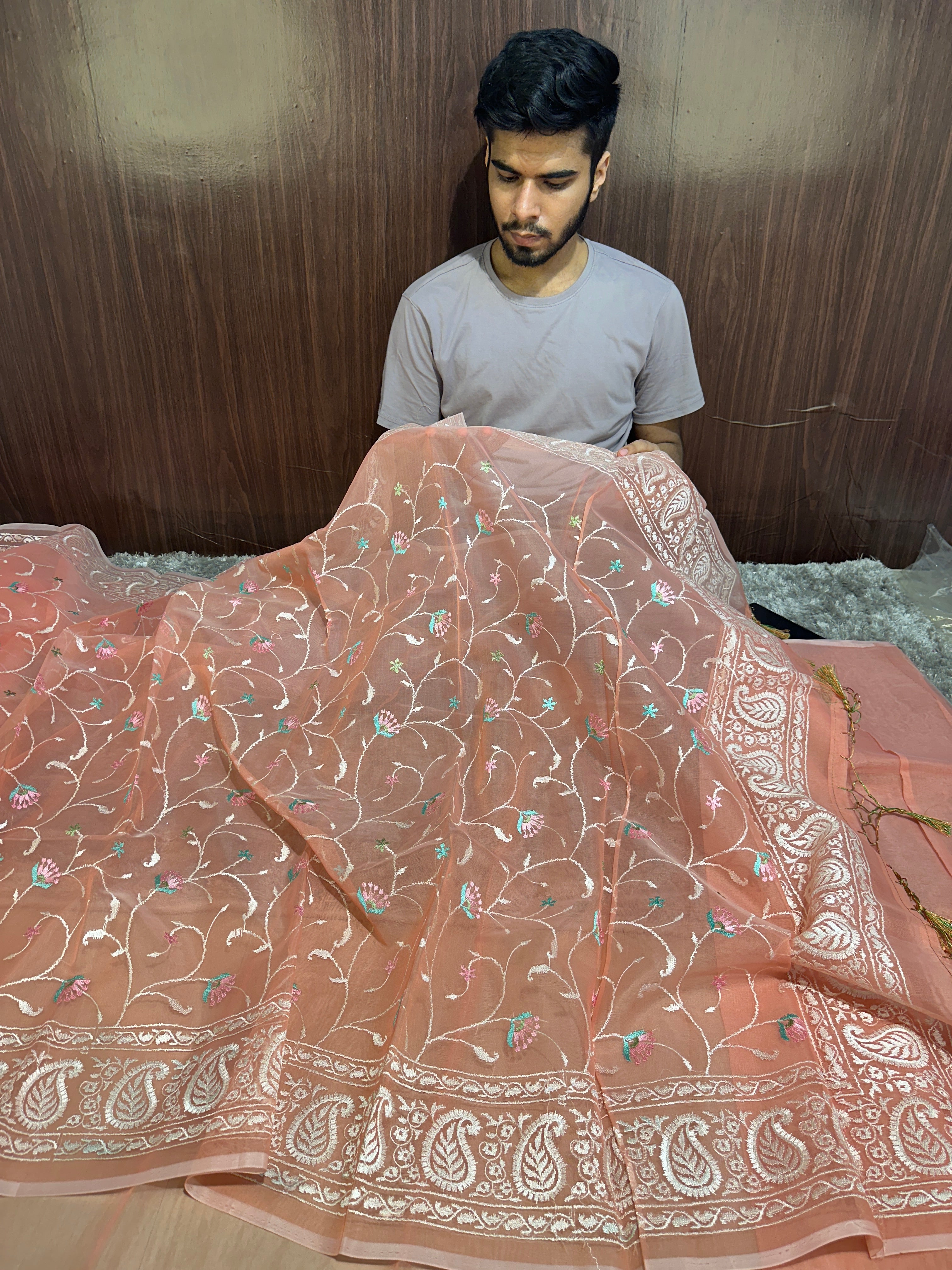 Pretty Peach Multi Floral Chikankari Banarasi Organza Silk Saree