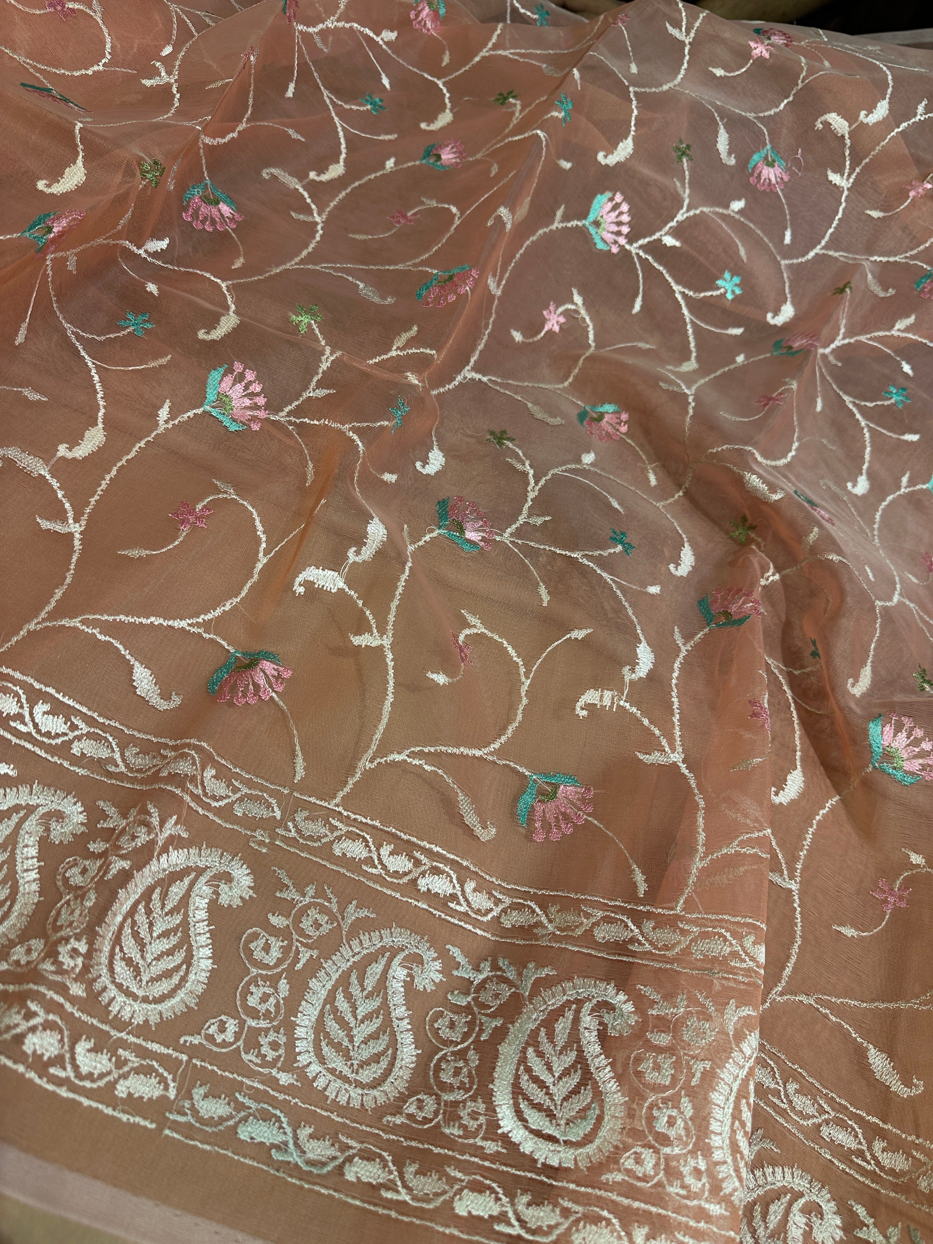 Pretty Peach Multi Floral Chikankari Banarasi Organza Silk Saree