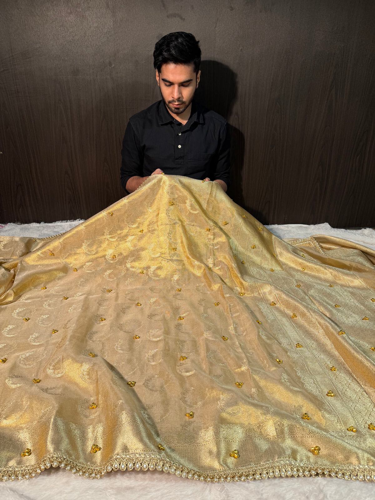 Ghungroo Handwork Allover Gold Premium Tissue Silk Banarasi Saree