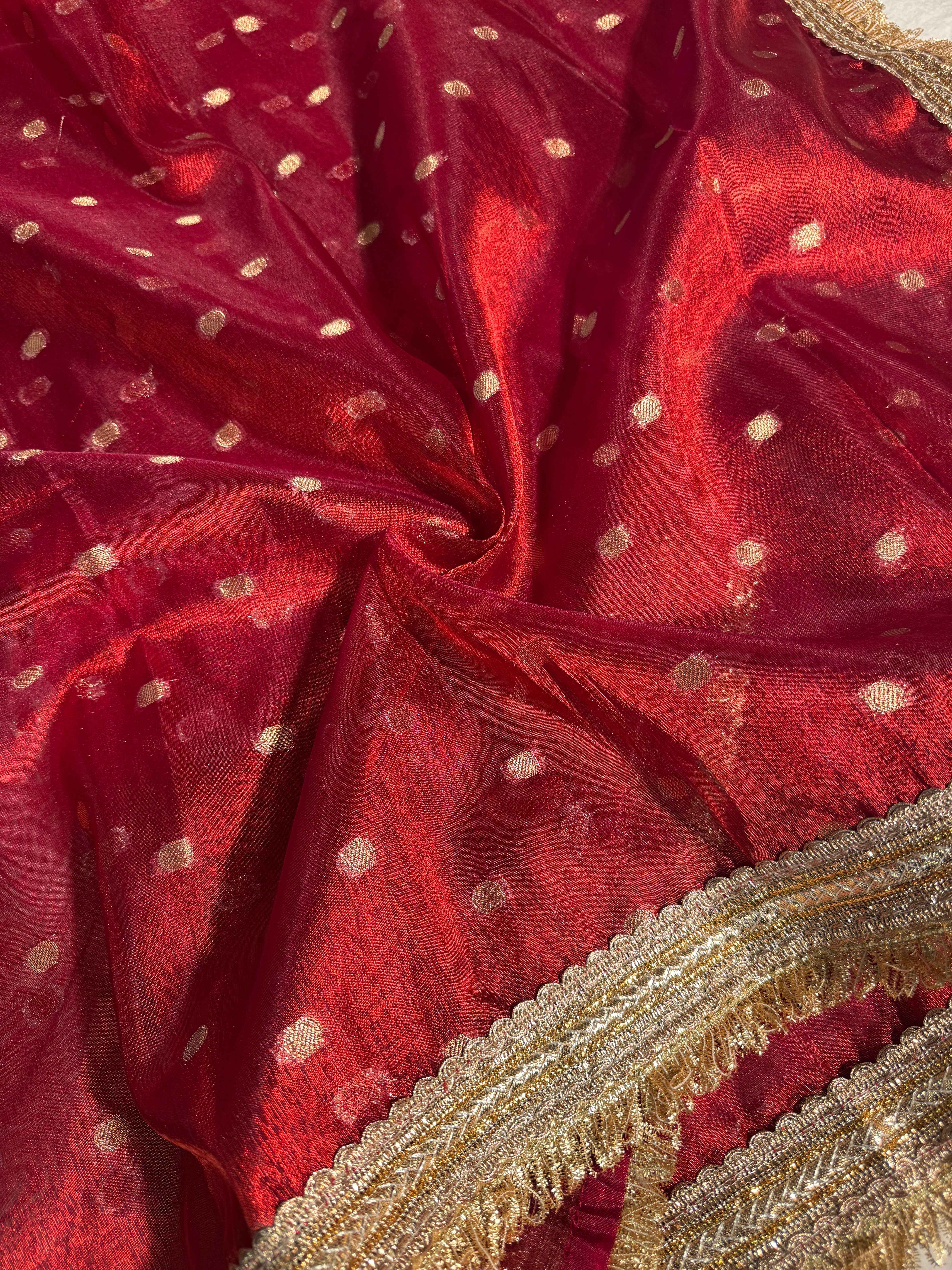 Ready To Wear Metallic Maroon Tissue Silk Saree with Lace Attached