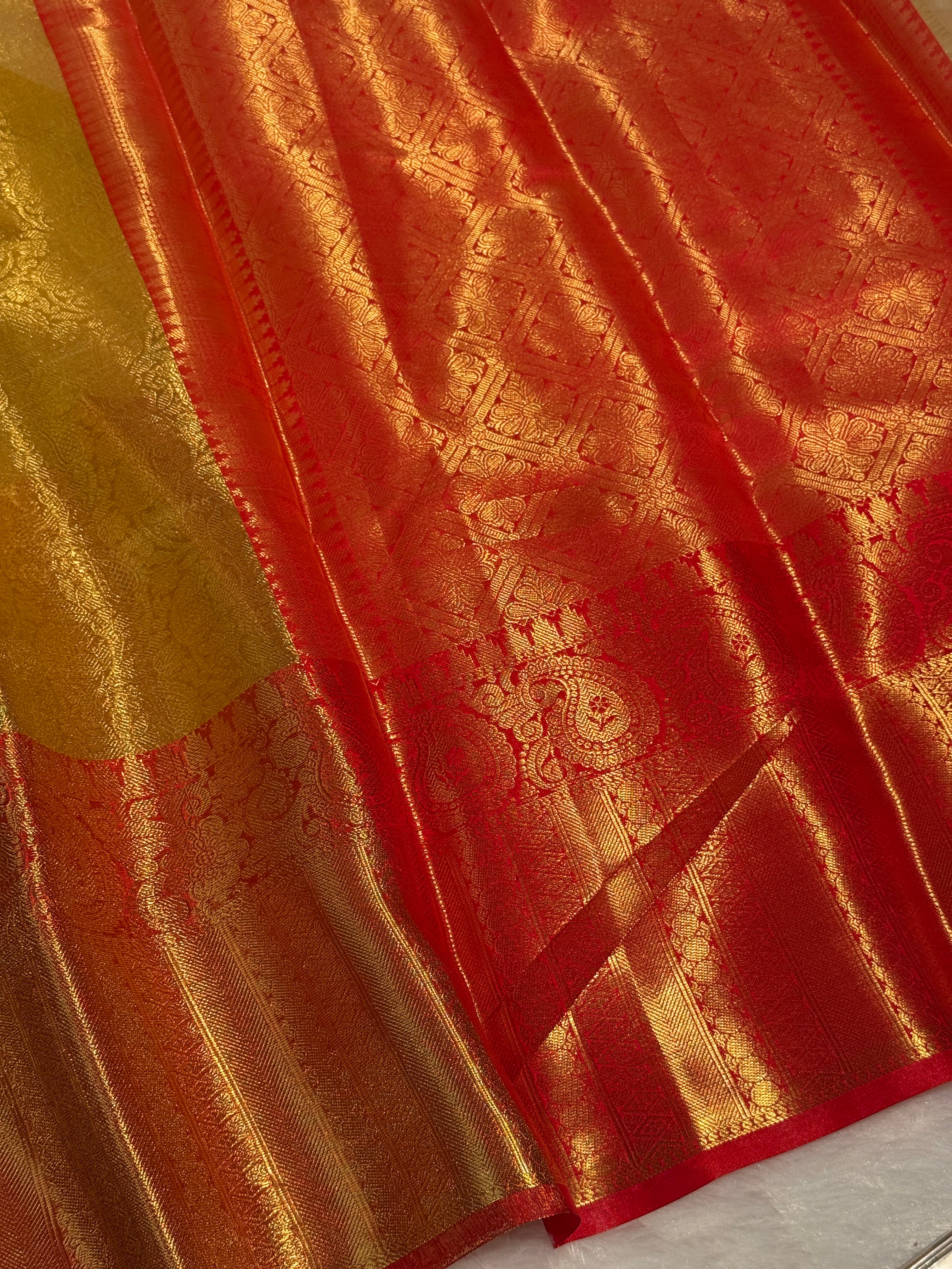 Ready To Wear Gold with Red Premium Tissue Silk Banarasi Saree