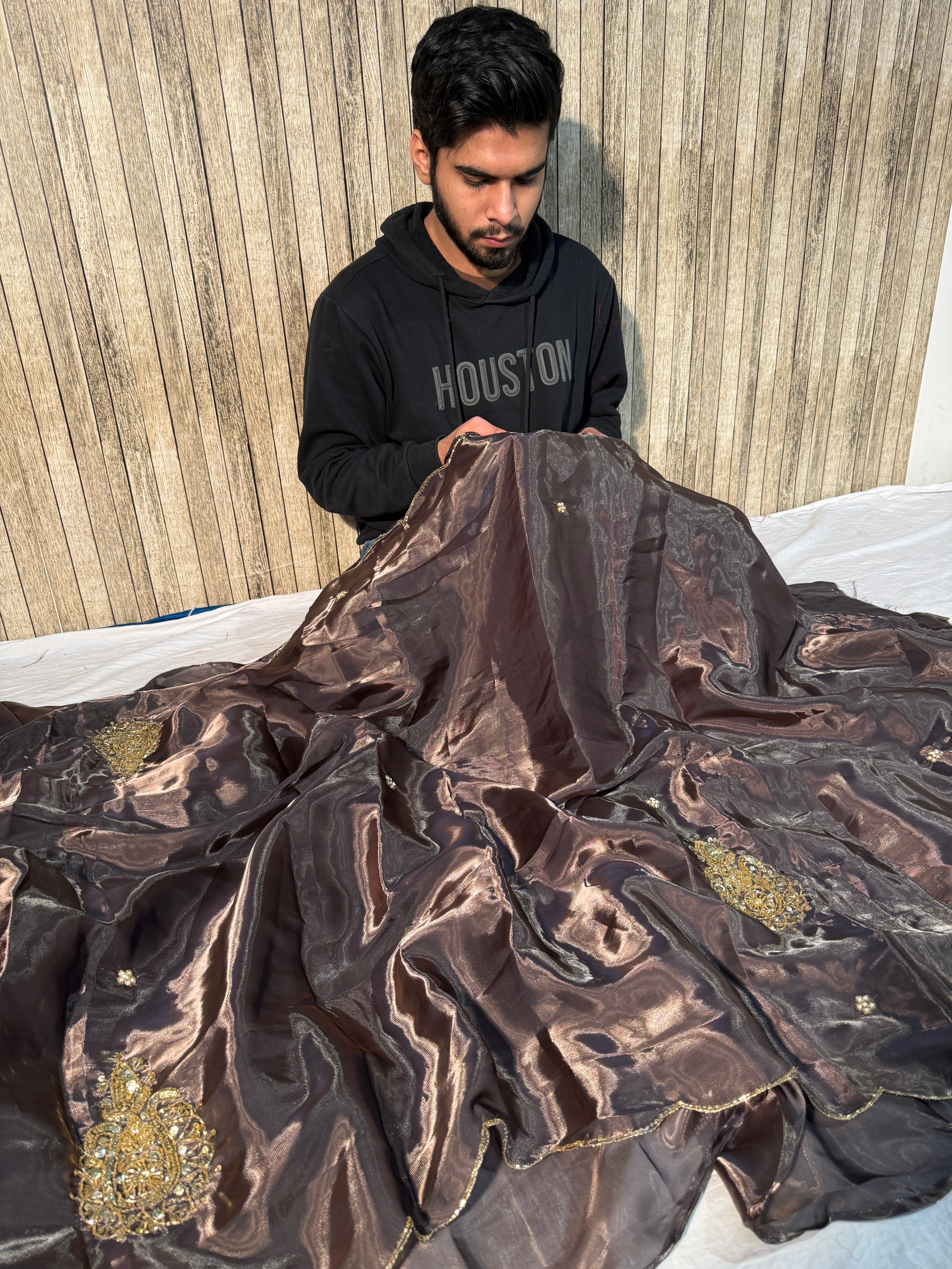 Brown Premium Shimmery Tissue Silk Handwork Saree