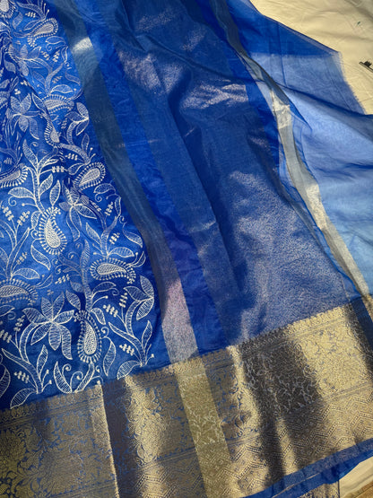 Premium Chikankari Royal Blue Organza Silk Banarasi Saree