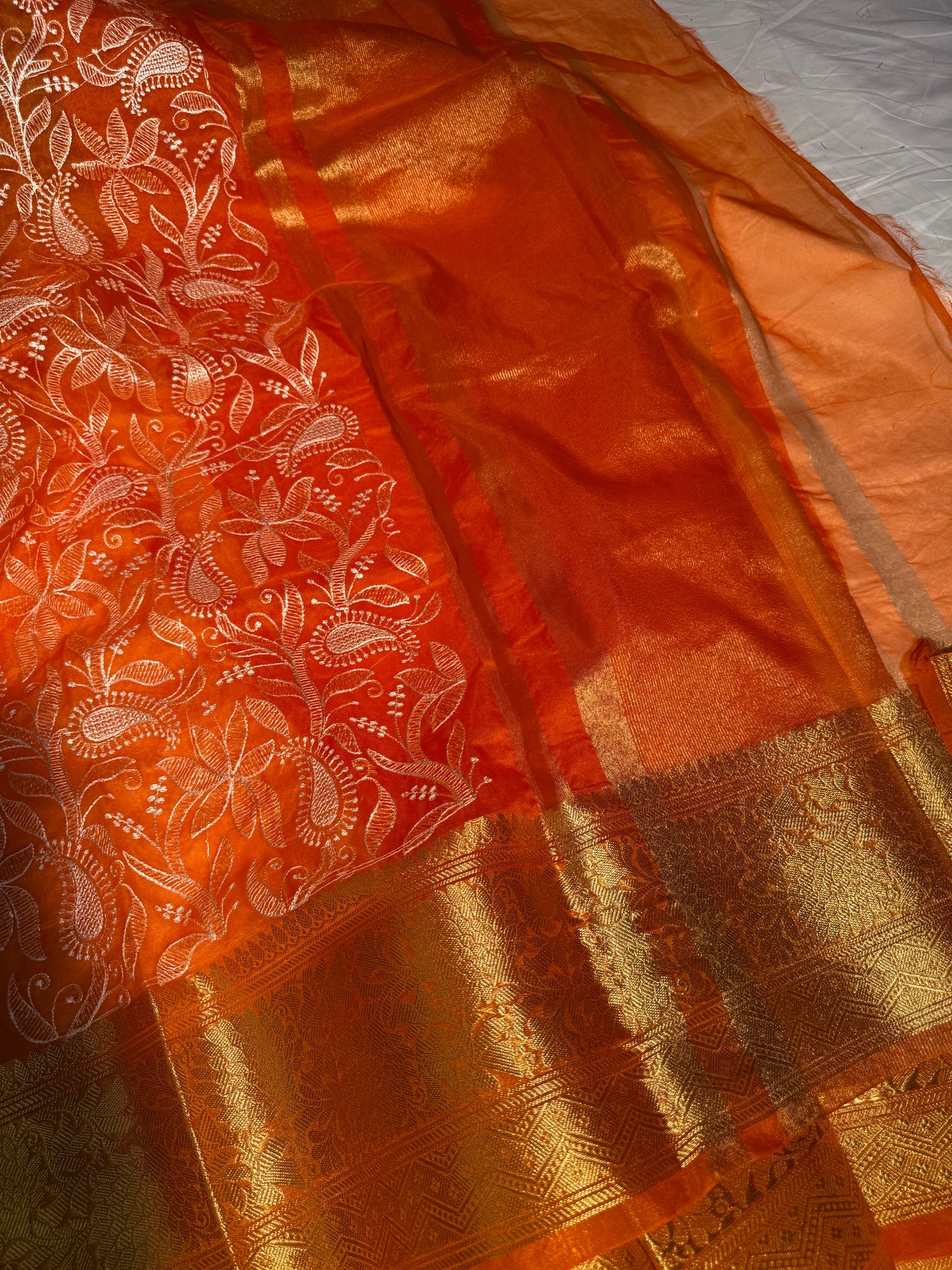 Cosmic Orange Premium Chikankari Embroidered Organza Banarasi Saree