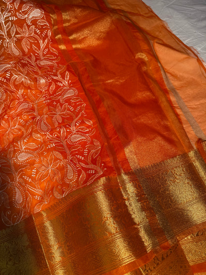 Cosmic Orange Premium Chikankari Embroidered Organza Banarasi Saree