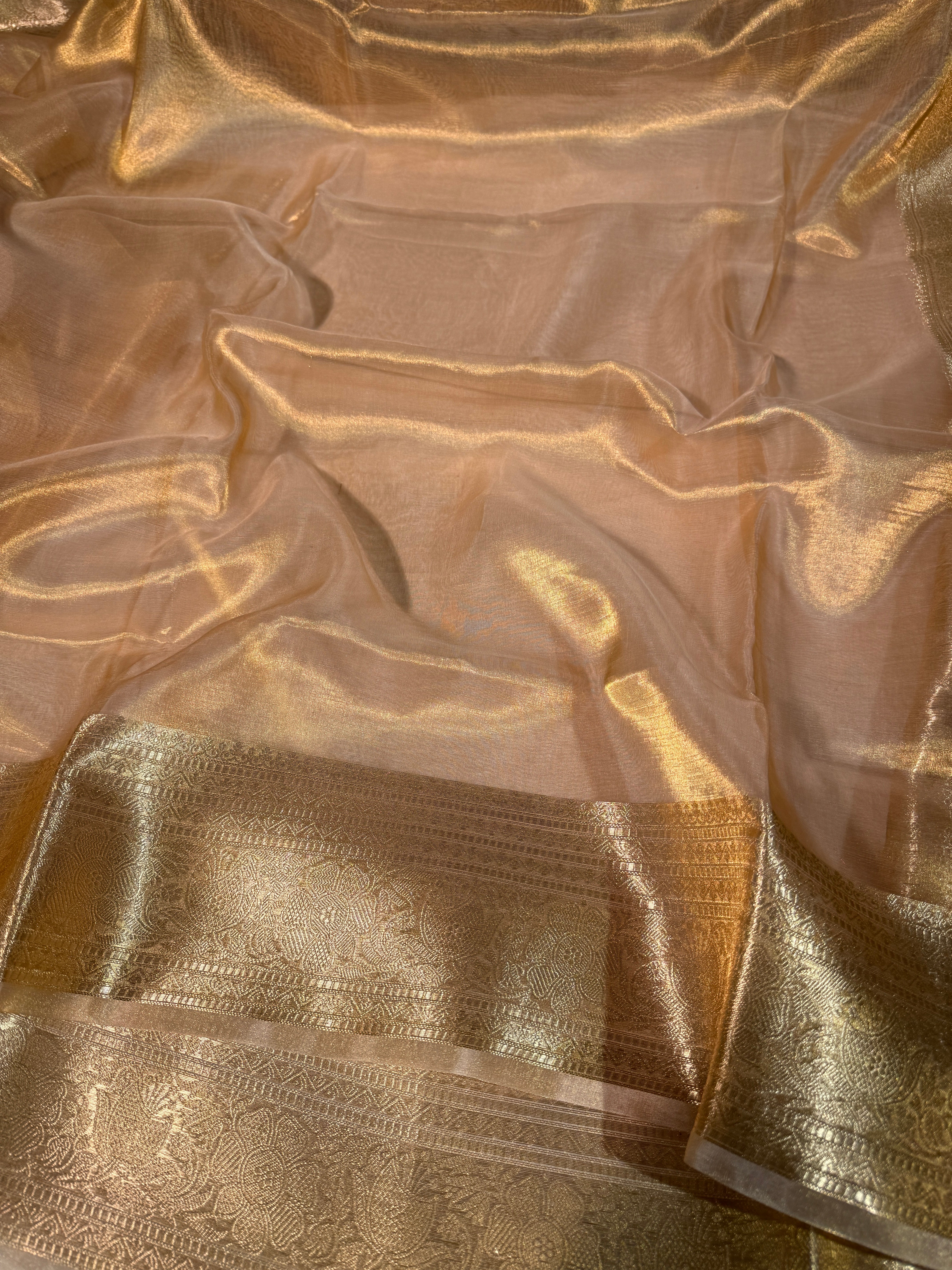 Metallic Gold Pure Tissue Silk Banarasi Saree with Traditional Weave Borders
