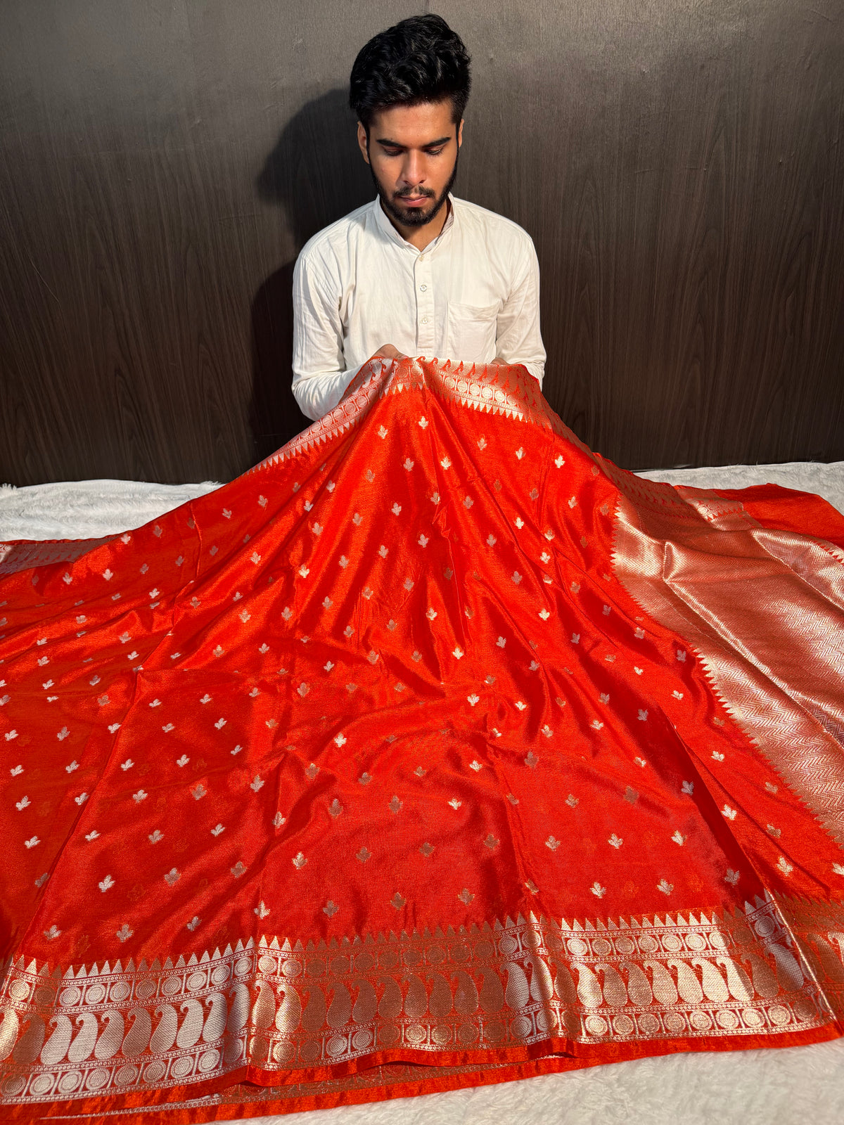 Rust Orange Premium Chiniya Silk Zari Buti Weave Banarasi Saree
