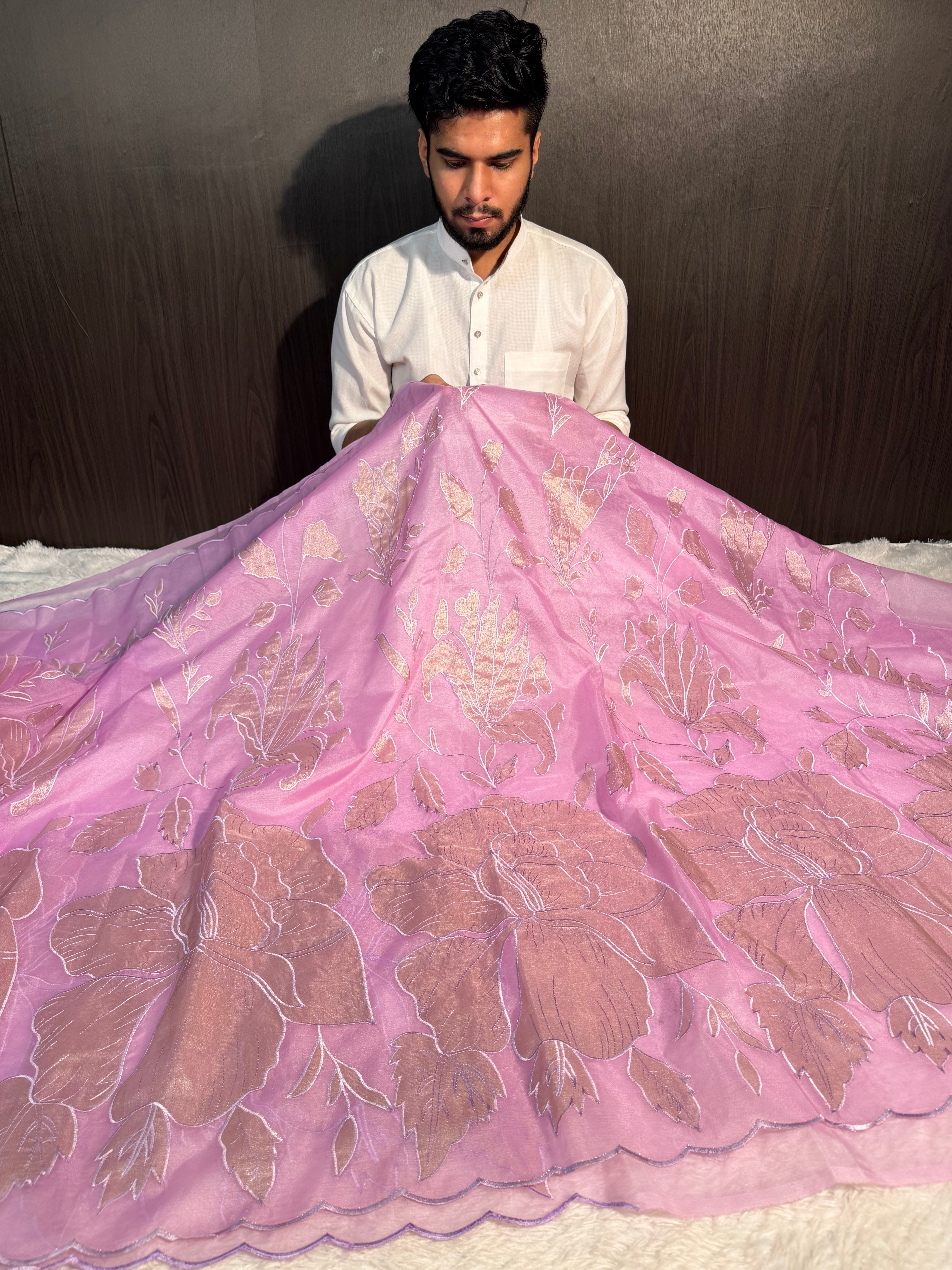 Pastel Lavendar Premium Organza Silk Banarasi Saree with Tissue Applique Work