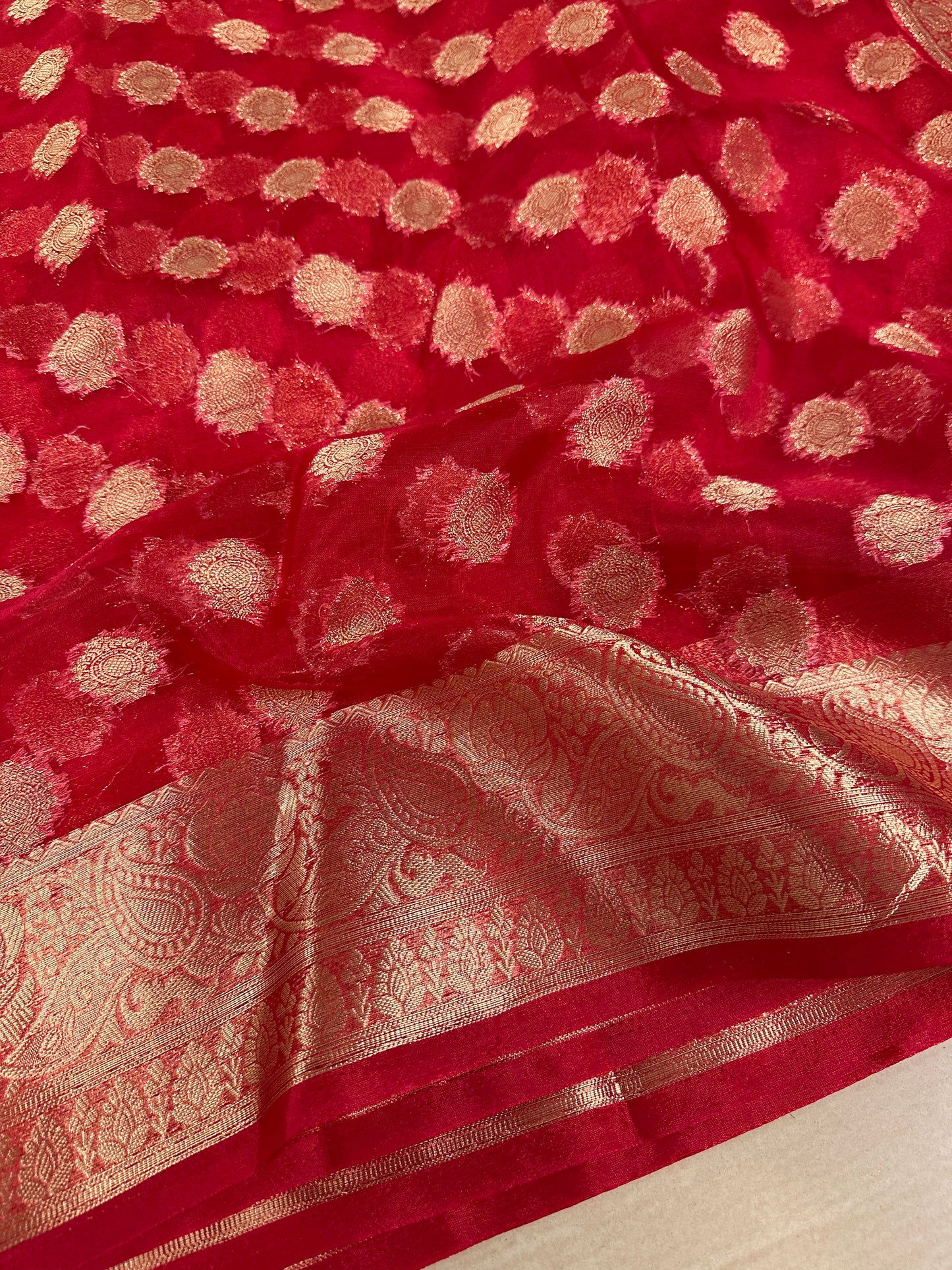 Beautiful Red Organza Silk Banarasi Saree with Premium Lace