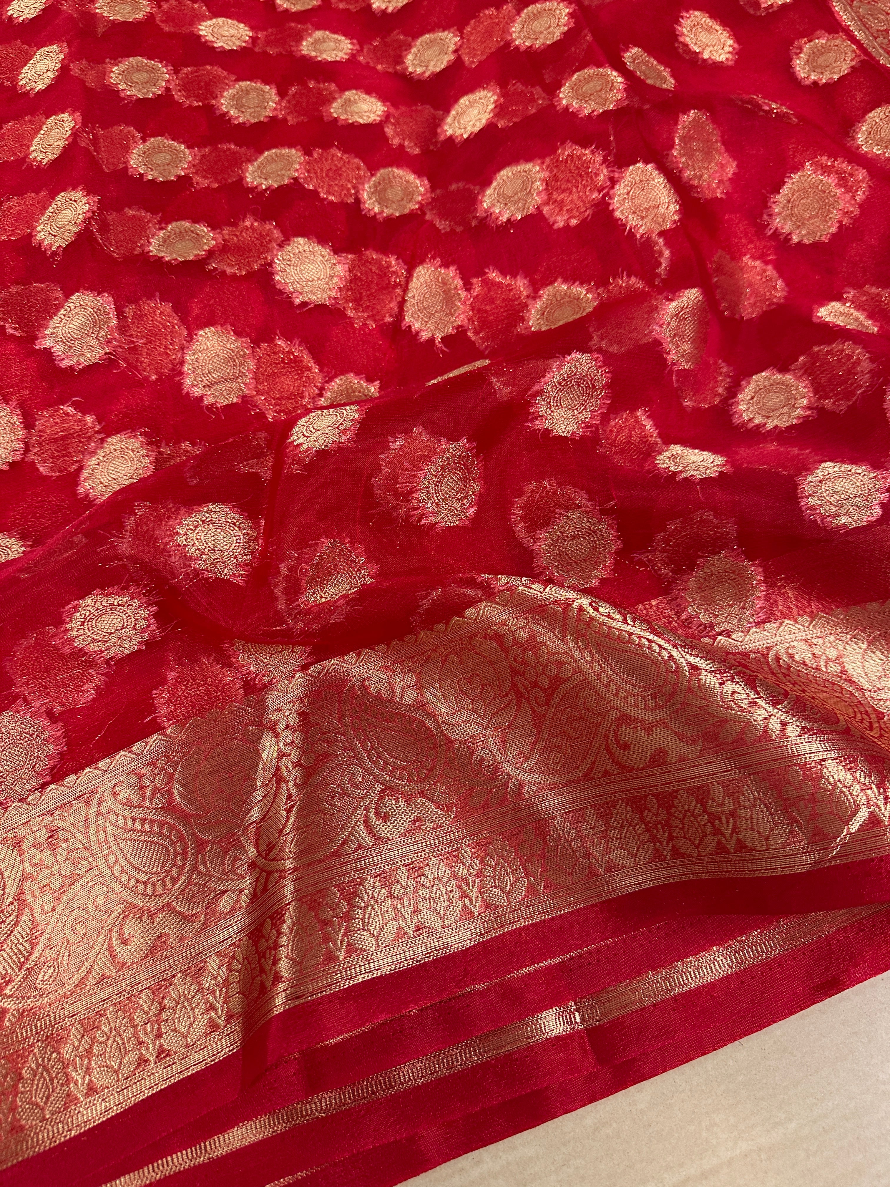 Beautiful Red Organza Silk Banarasi Saree