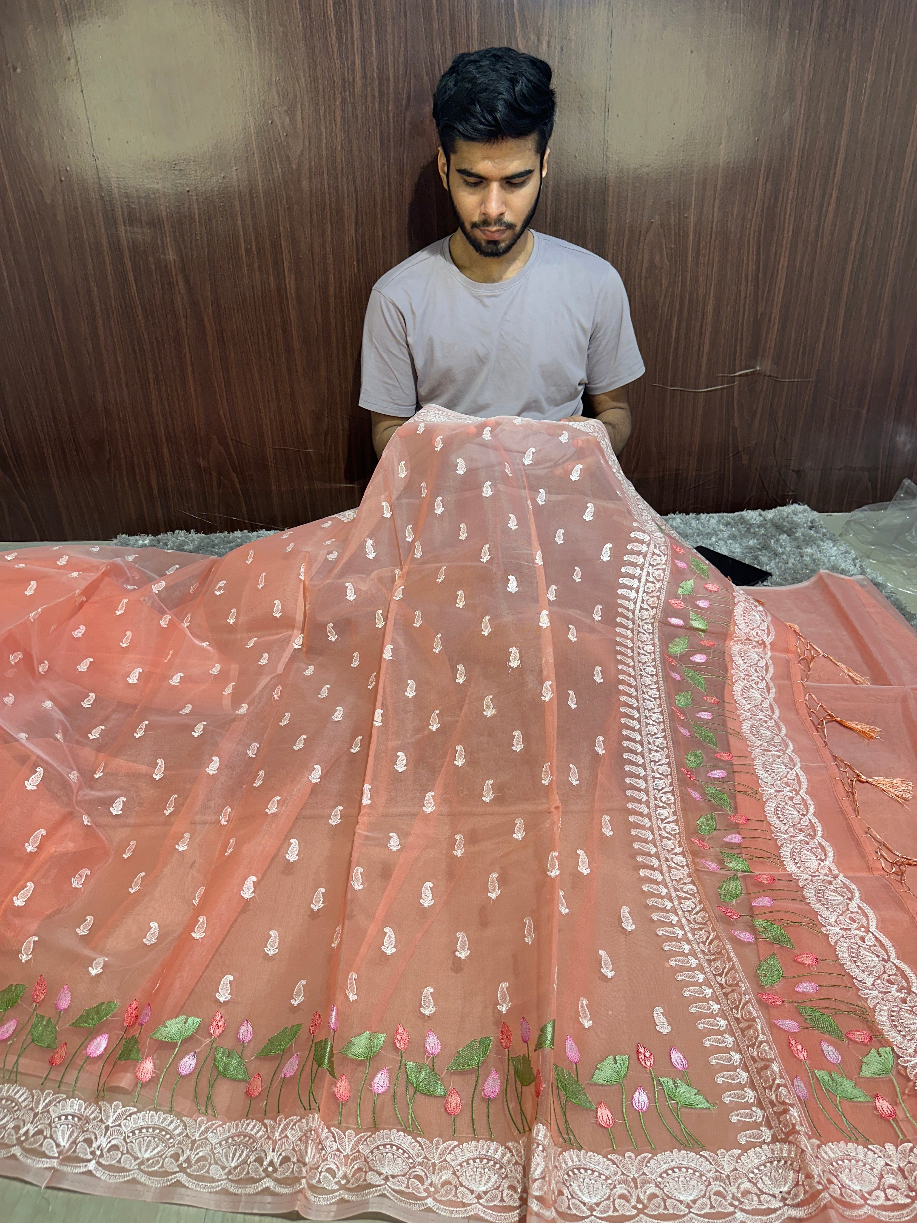 Pretty Peach Multi Floral Chikankari Banarasi Organza Silk Saree