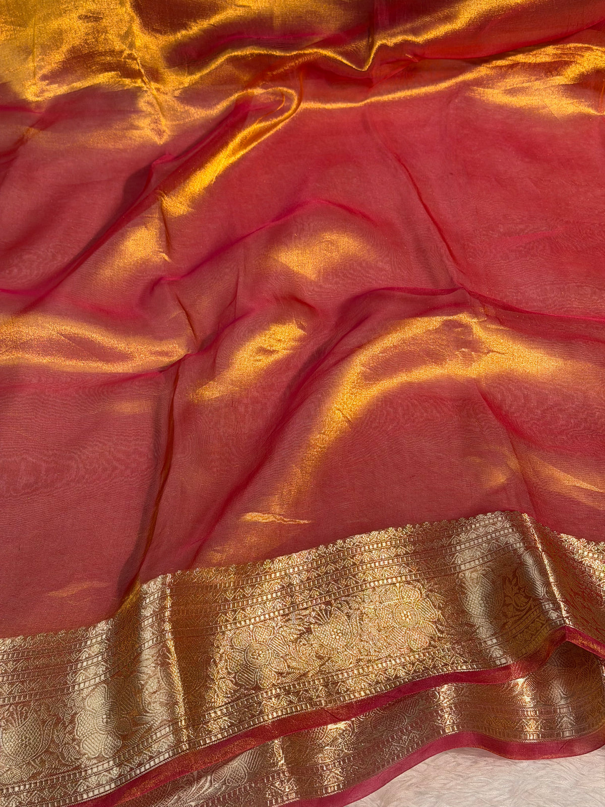 Dual Shaded Orange 100% Pure Tissue Silk Banarasi Saree