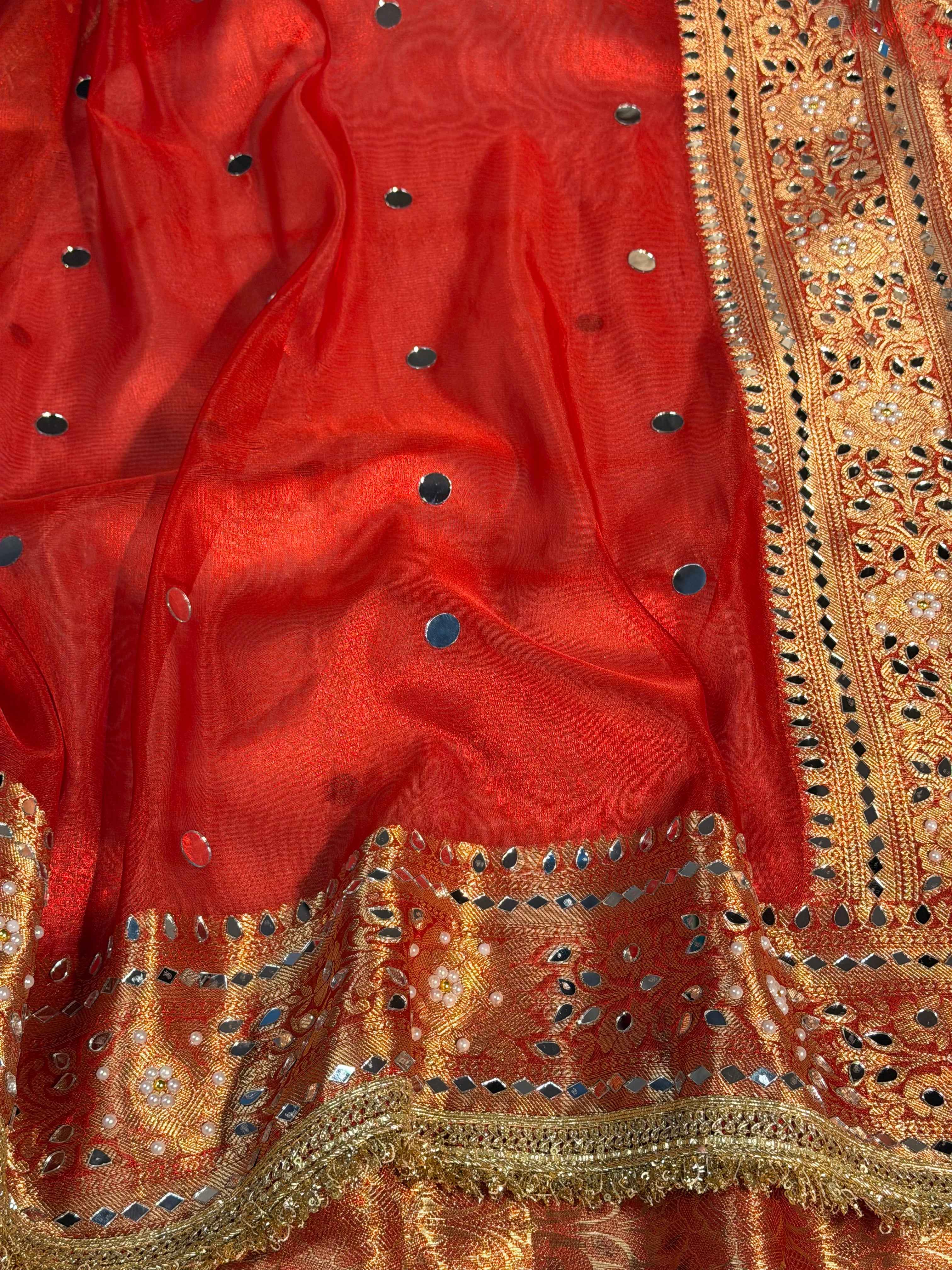 Metallic Red Premium Tissue Silk Saree Hand Mirror Work with Lace Attached