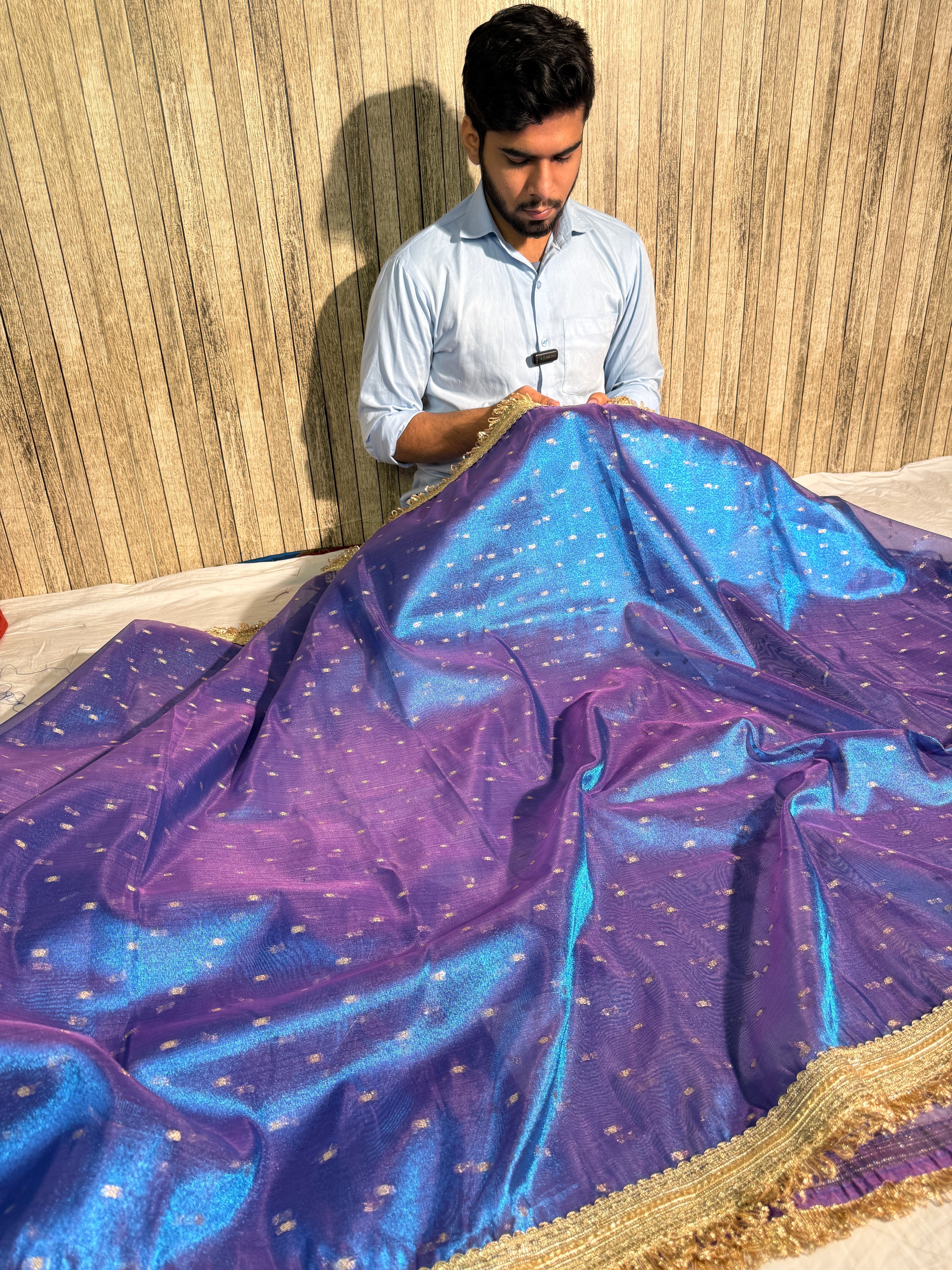 Metallic Firozi Blue Premium Tissue Silk Lace Attached Banarasi Saree