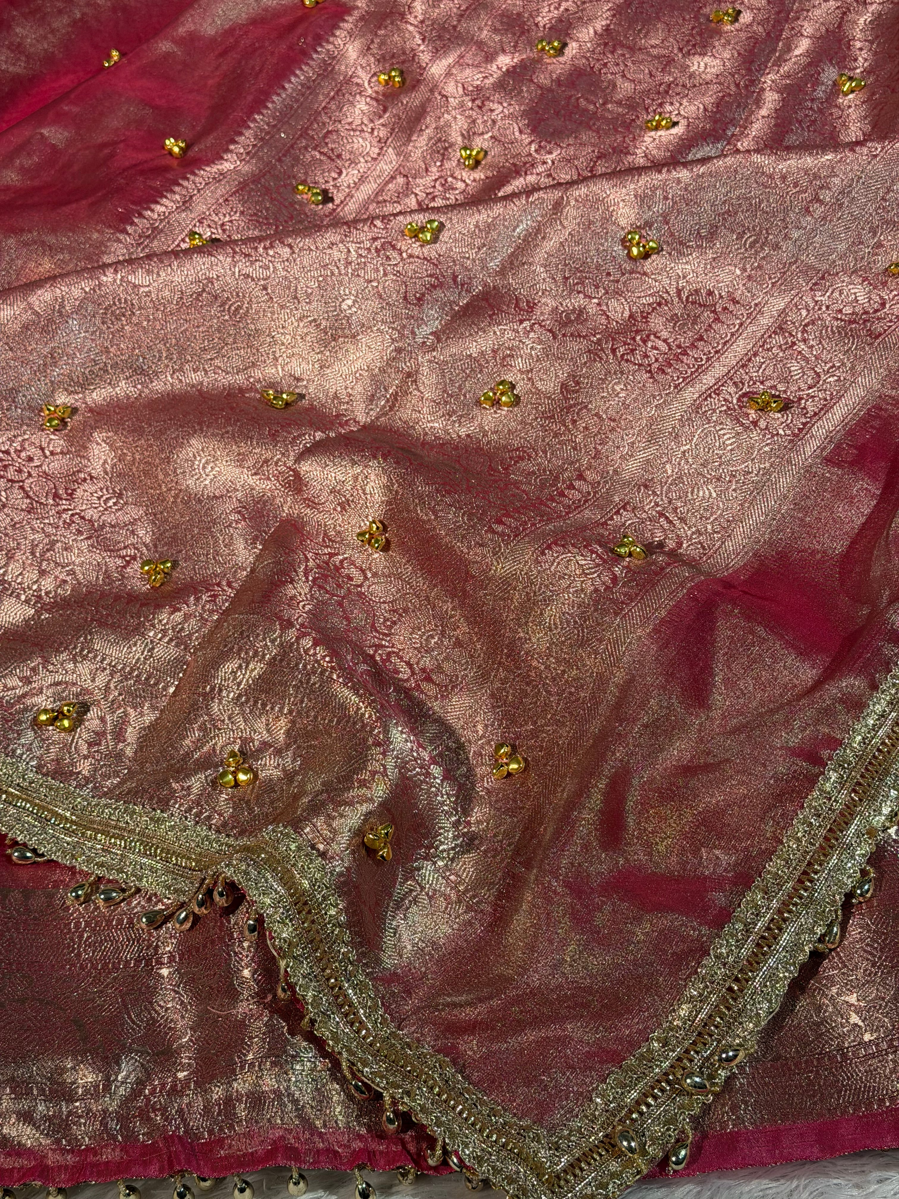 Ghungroo Handwork Metallic Pink Premium Tissue Silk Banarasi Saree