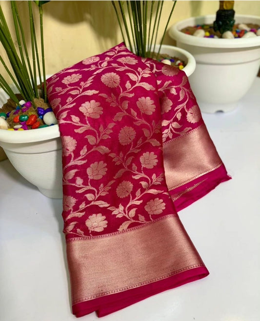 Beautiful Rani Pink Bridal Warm Silk Banarasi Saree