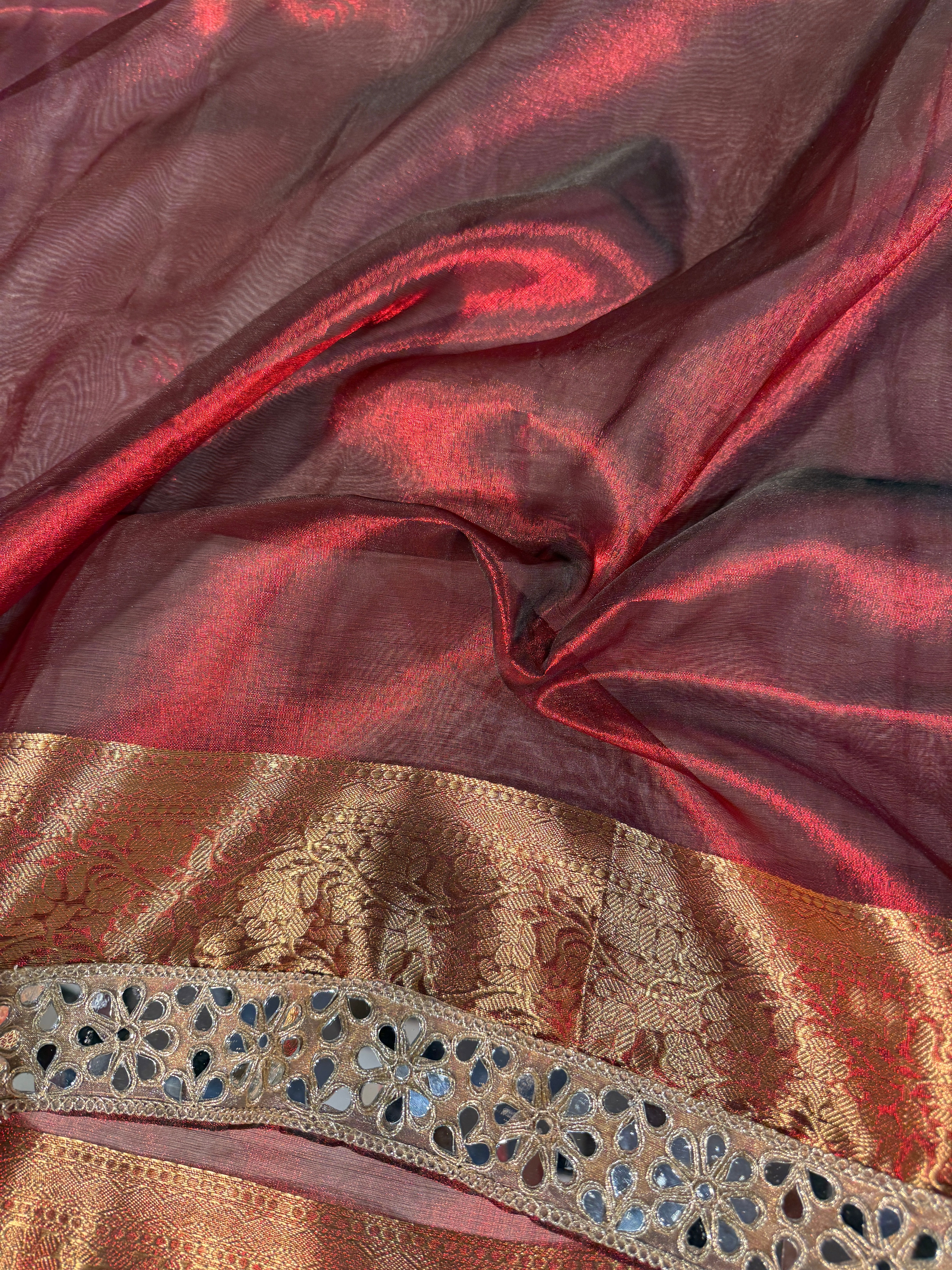 Metallic Maroon Premium Tissue Silk Mirror Lace Work Banarasi Saree