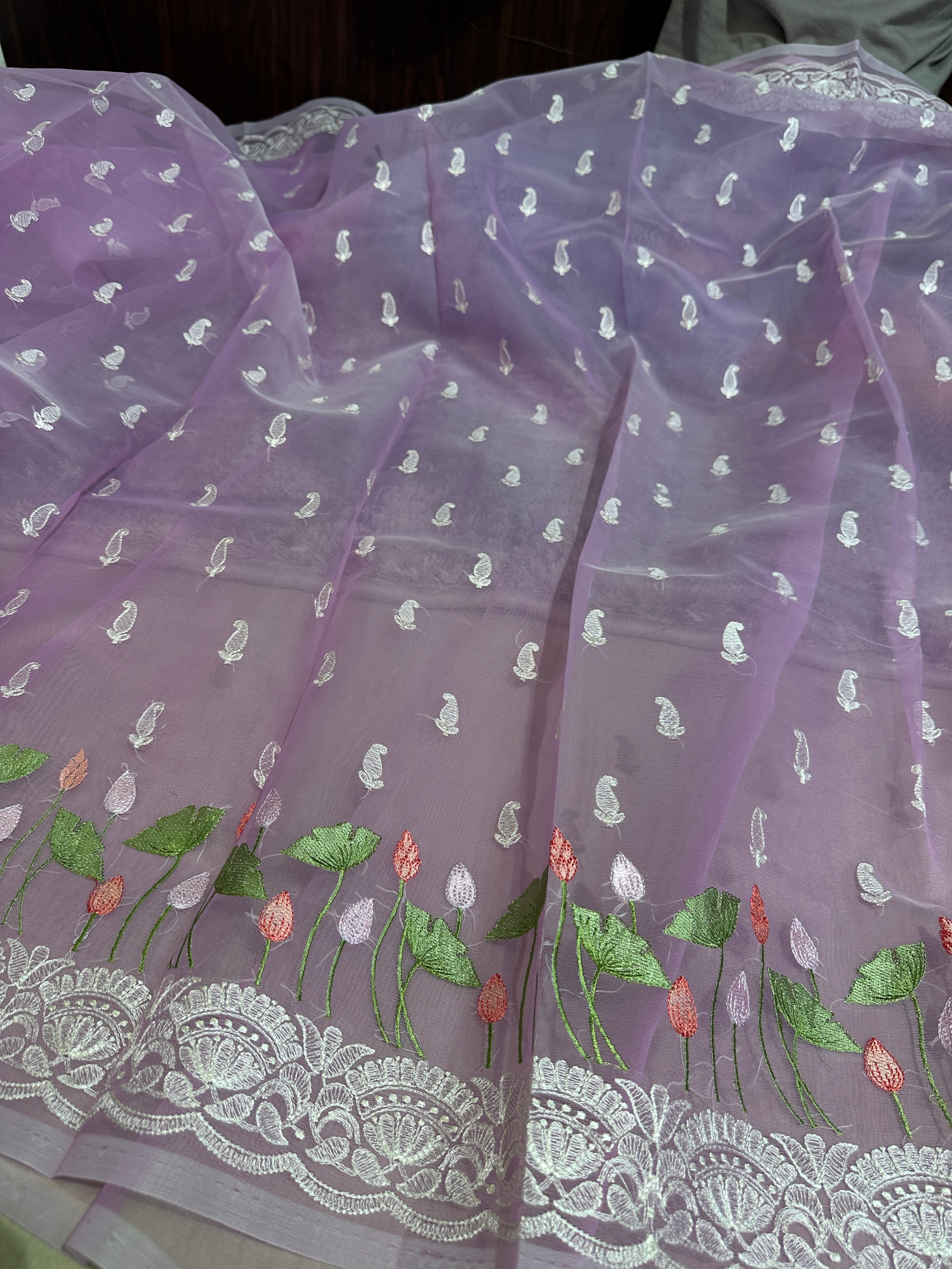 Pastel Lavendar Multi Floral Chikankari Banarasi Organza Silk Saree