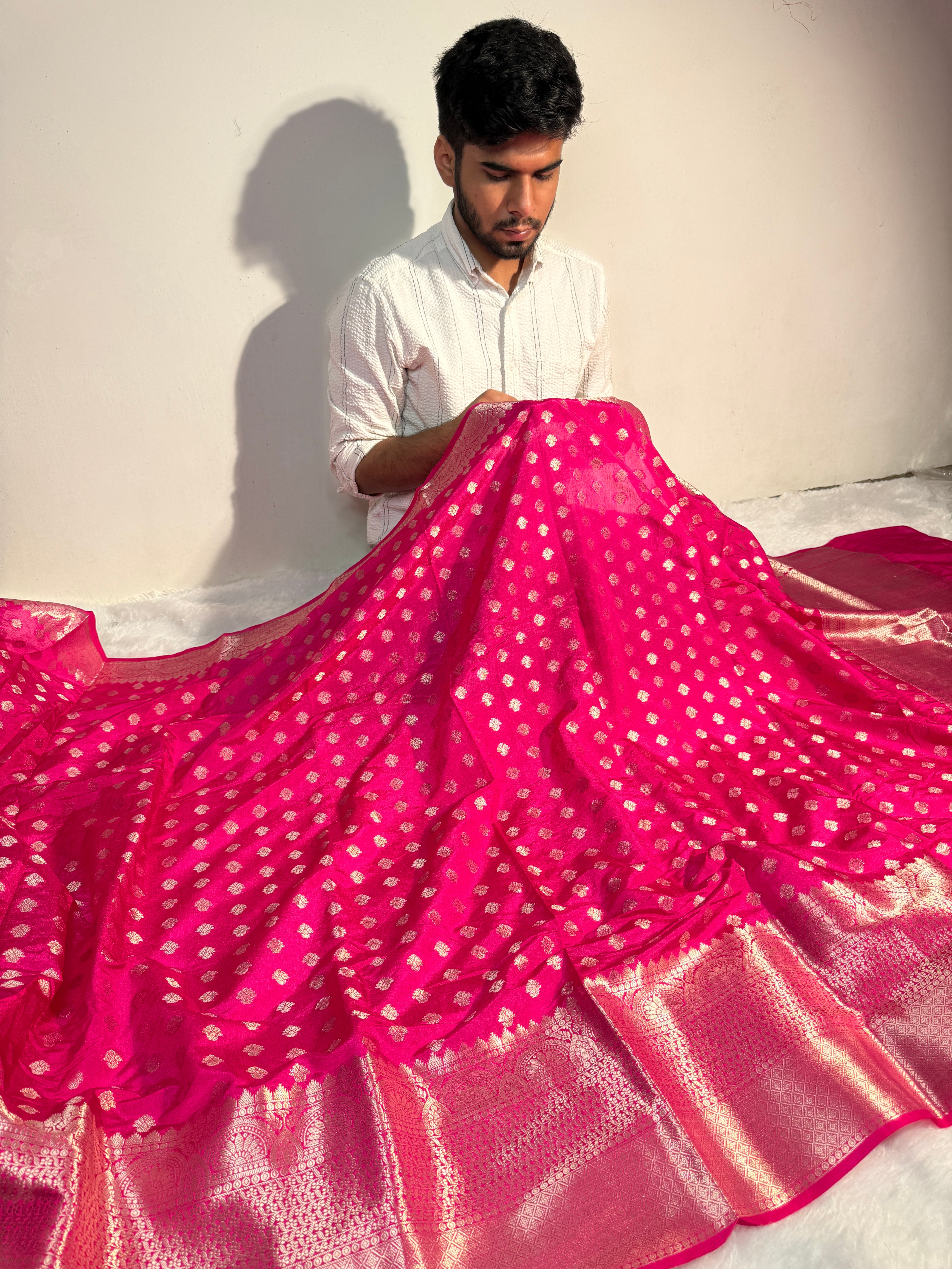 Ready To Wear Rani Pink Premium Chiniya Silk Banarasi Saree