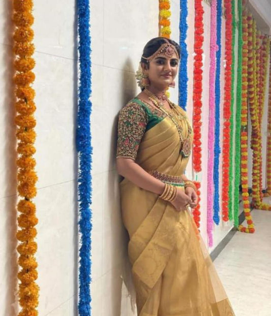 Celebrity Inspired Golden Kota Tissue Saree
