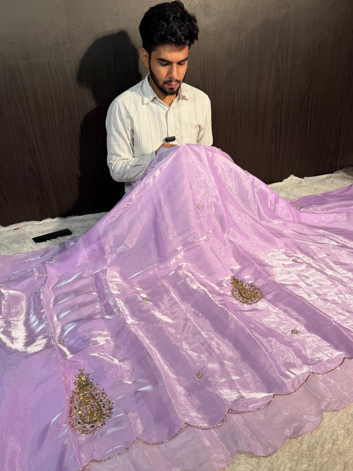 Lavendar Shade Premium Shimmery Tissue Silk Handwork Saree