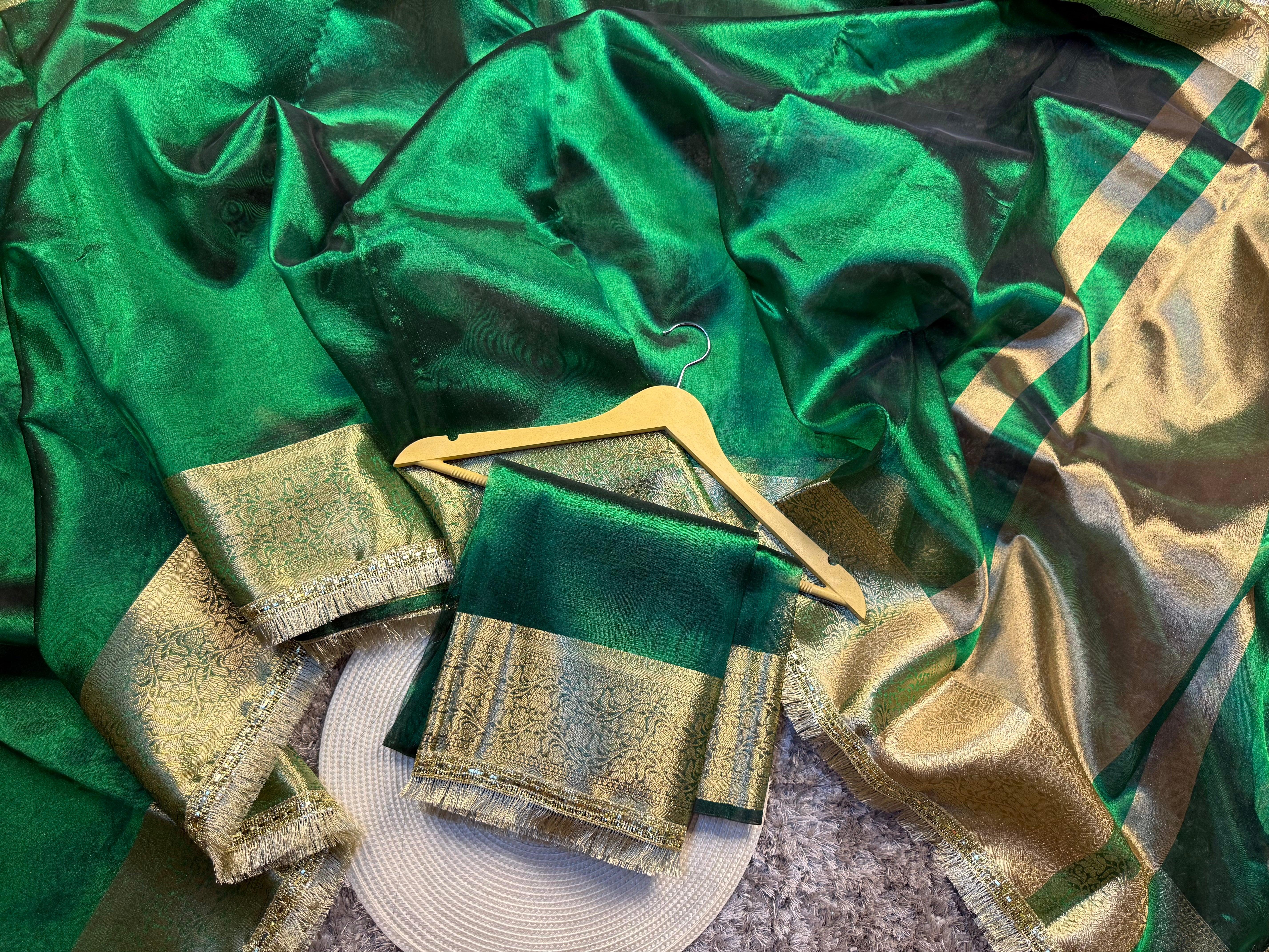 Metallic Green Traditional Banarasi Tissue Silk Saree with Premium Lace