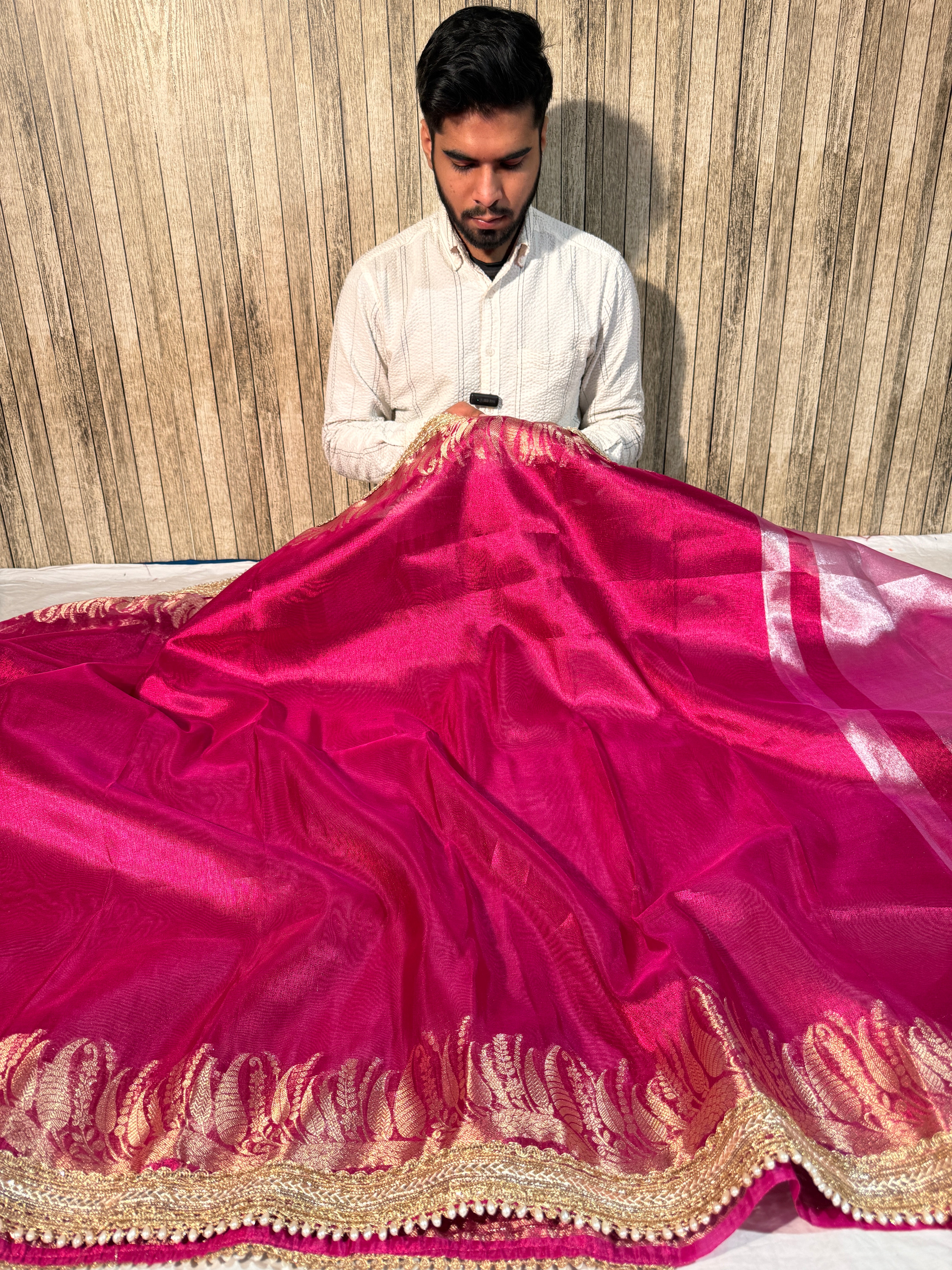 Metallic Rani Pink Premium Tissue Silk Moti Lace Attached Banarasi Saree