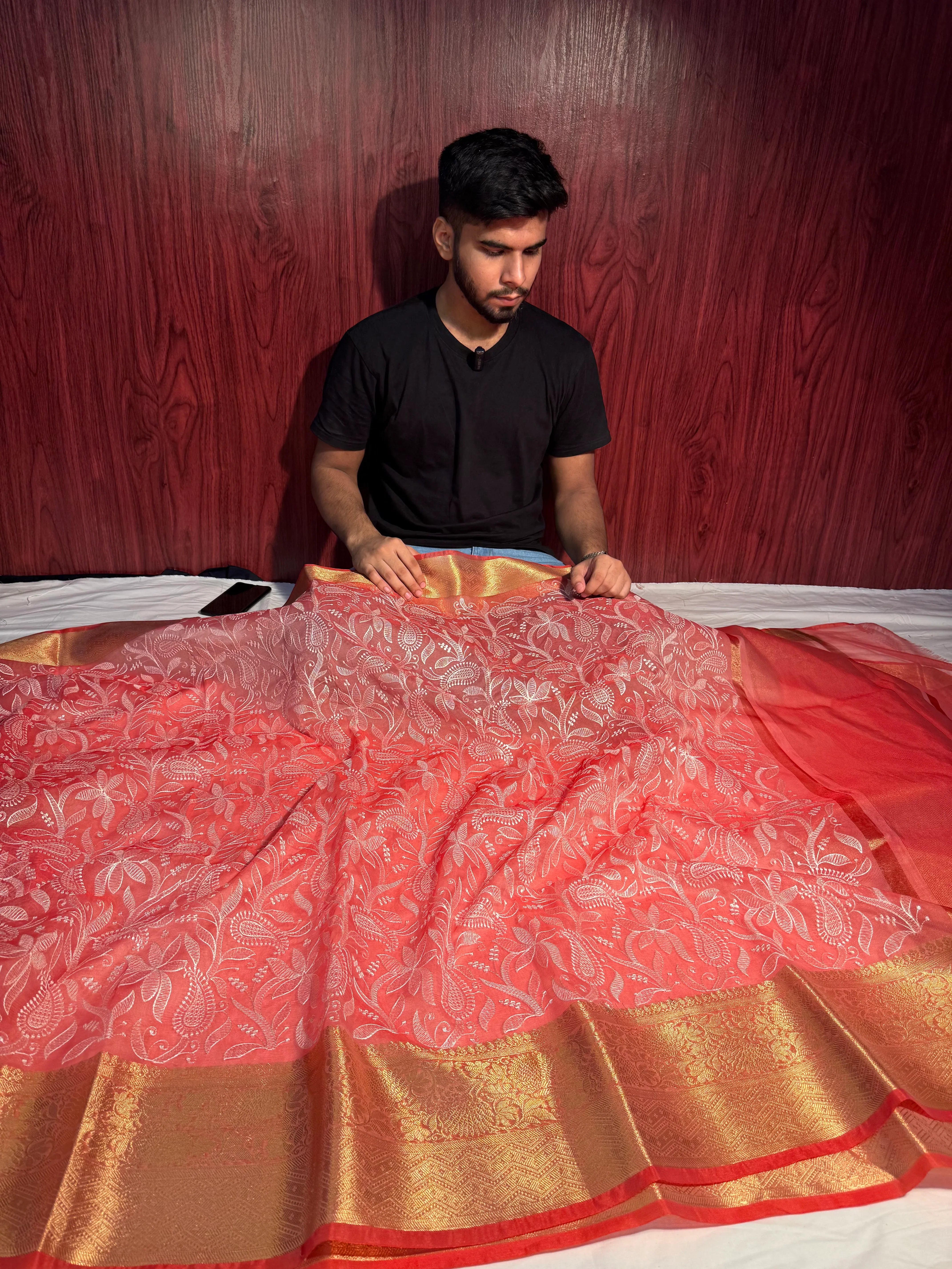 Beautiful Peach Bridal Chikankari Banarasi Organza Silk Saree