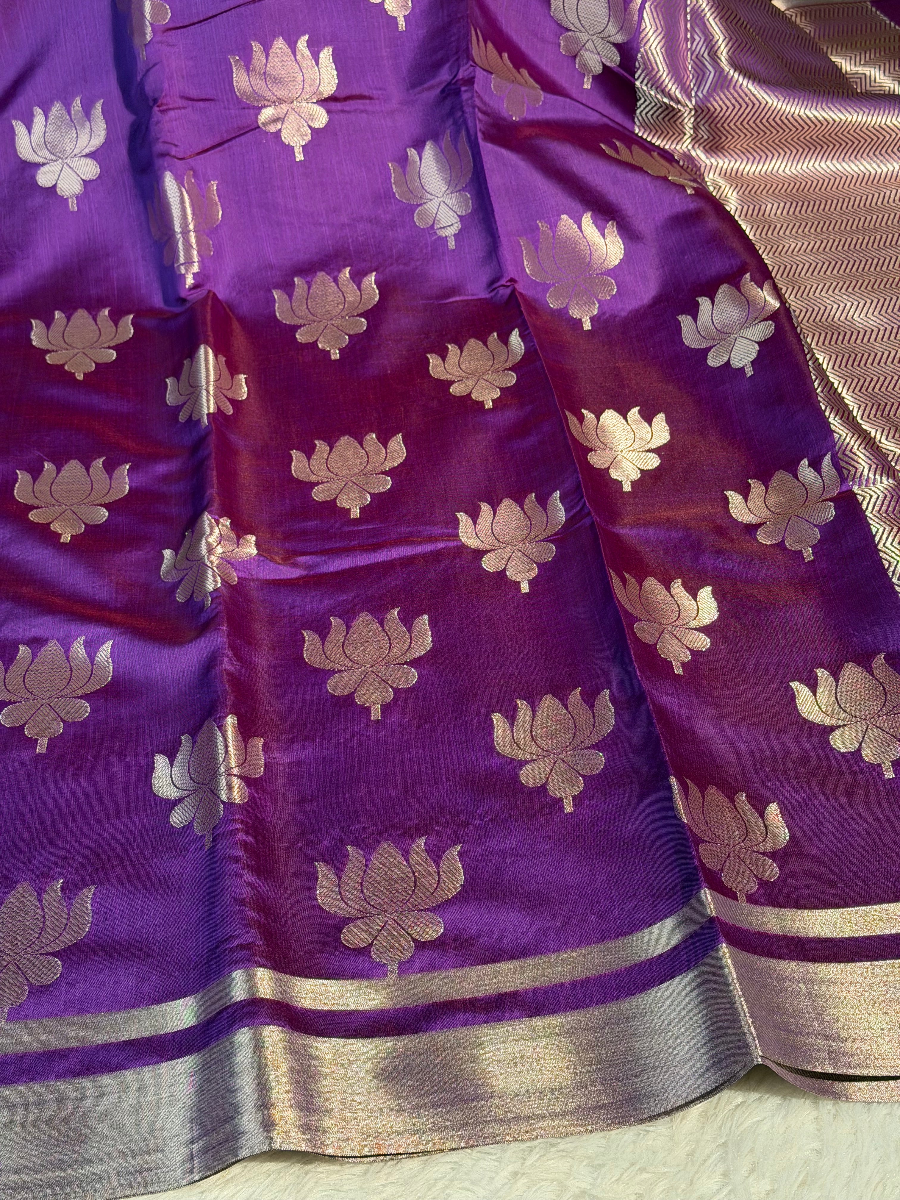 Rare Baigani Premium Soft Katan Silk Banarasi Saree with Lotus Buta Weave