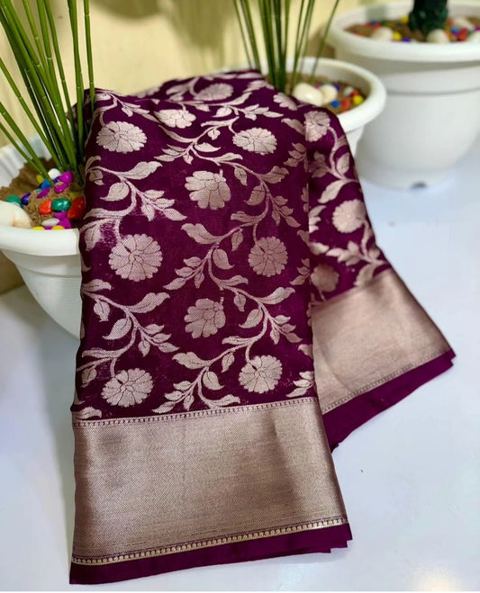 Beautiful Wine Bridal Warm Silk Banarasi Saree