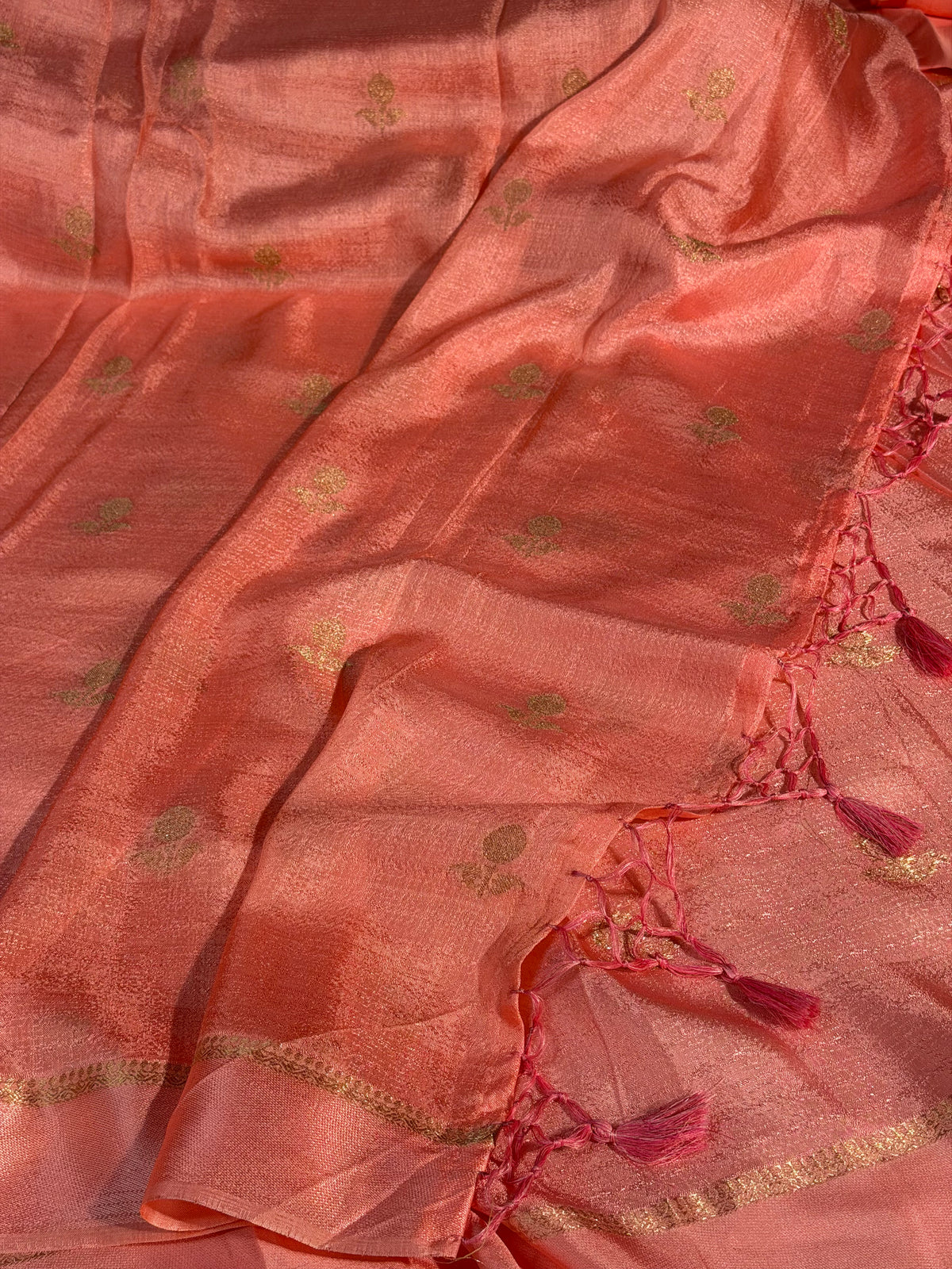 Baby Pink Premium Viscose Georgette Silk Banarasi Saree with Tassles