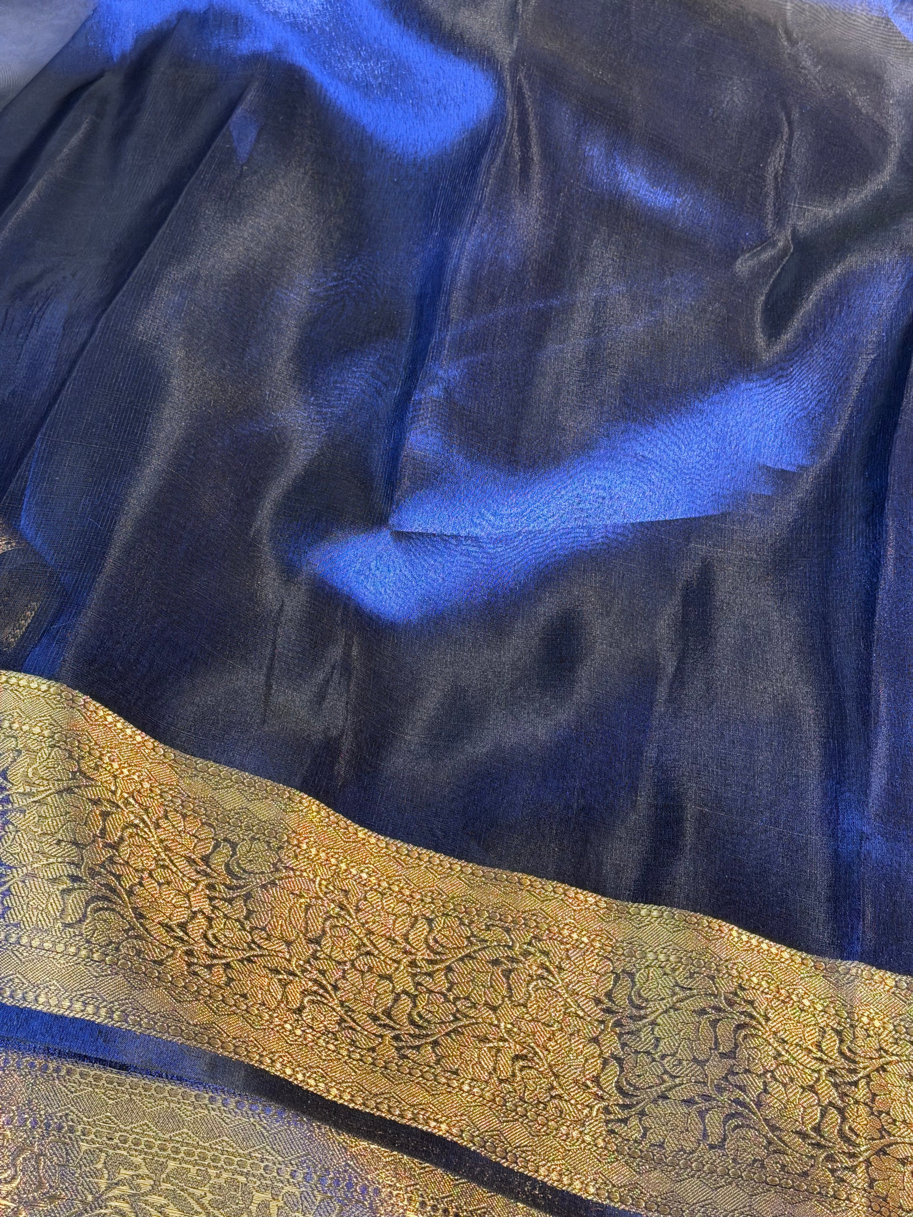 Metallic Blue Premium Banarasi Tissue Silk Saree with Traditional Weave Borders