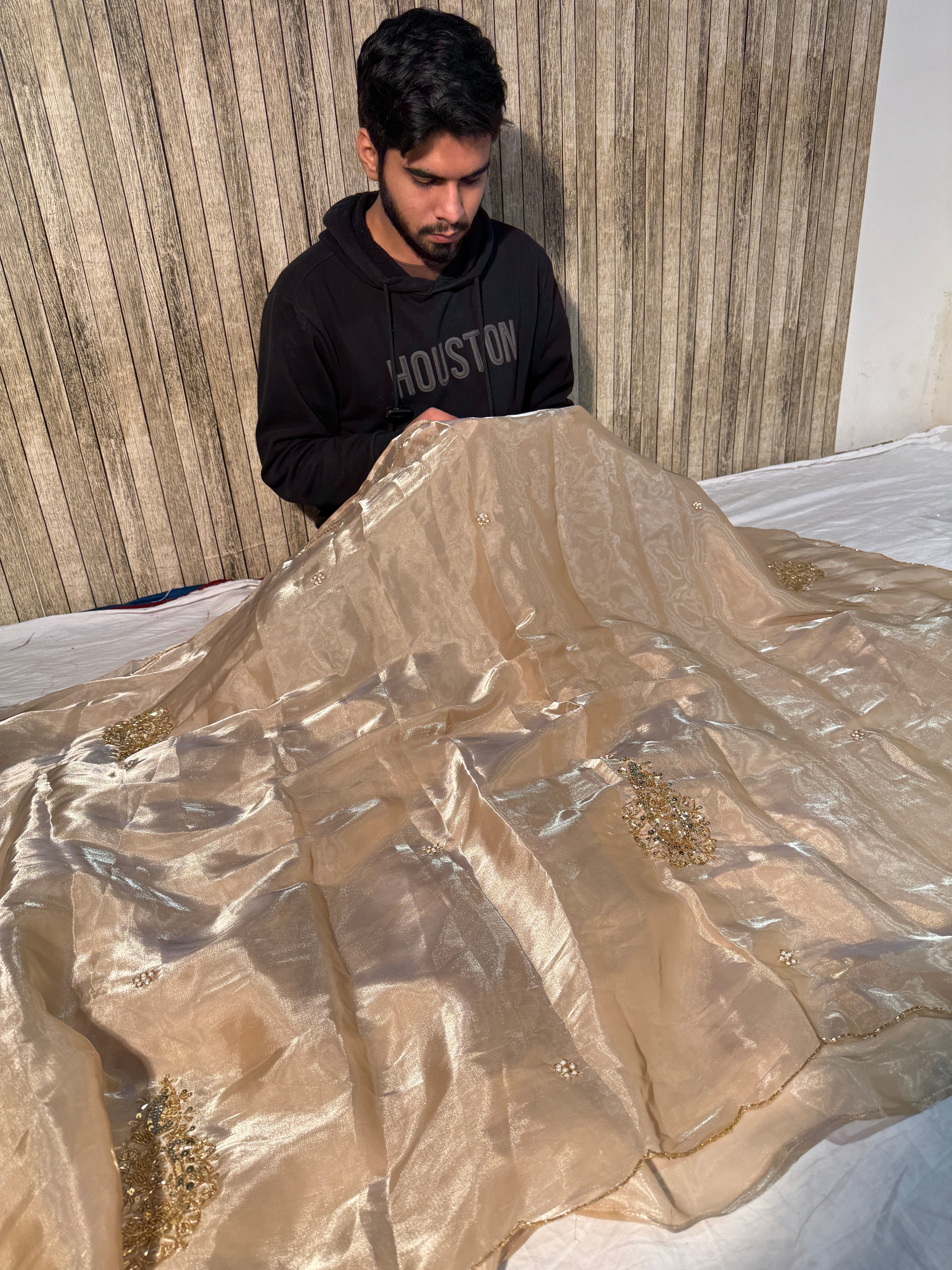 Ivory Shade Premium Shimmery Tissue Silk Handwork Saree