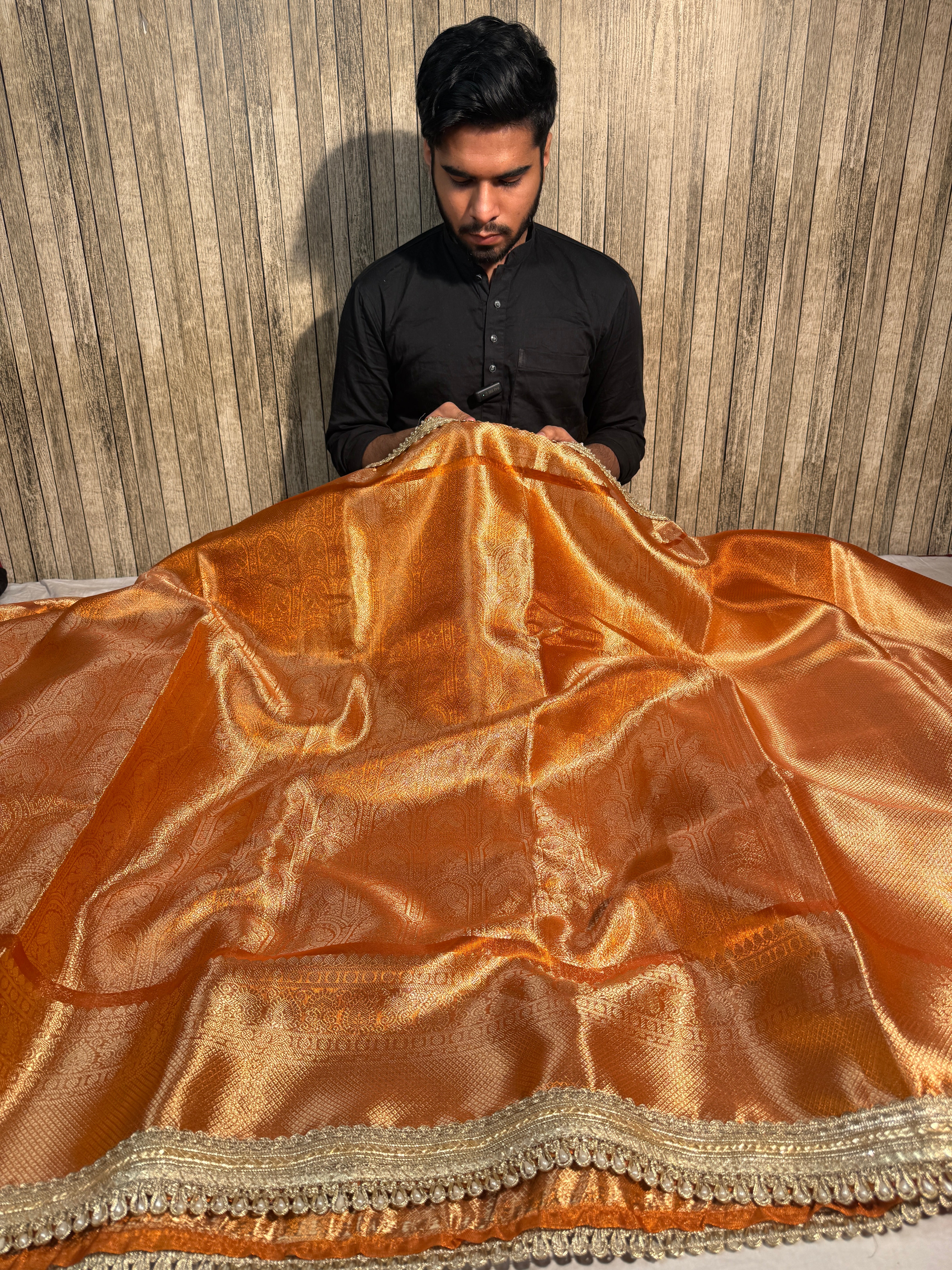 Metallic Orange Kanjeevaram Tissue Silk Moti Lace Attached Banarasi Saree